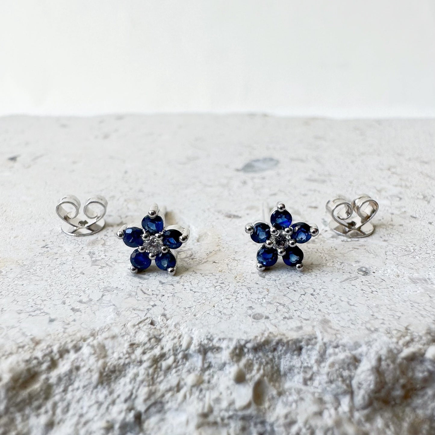 14K Solid Gold Genuine Sapphire and Diamond Flower Studs/Pair