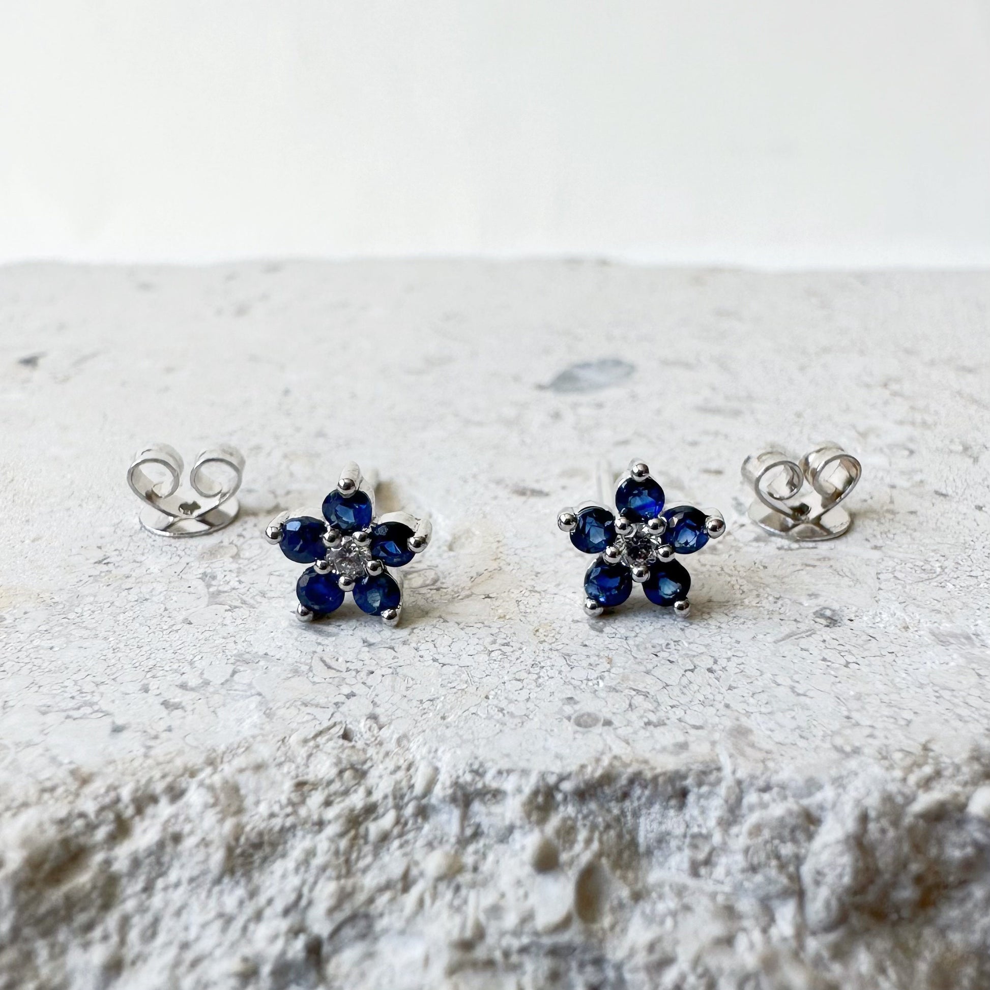 14K Solid Gold Genuine Sapphire and Diamond Flower Studs/Pair