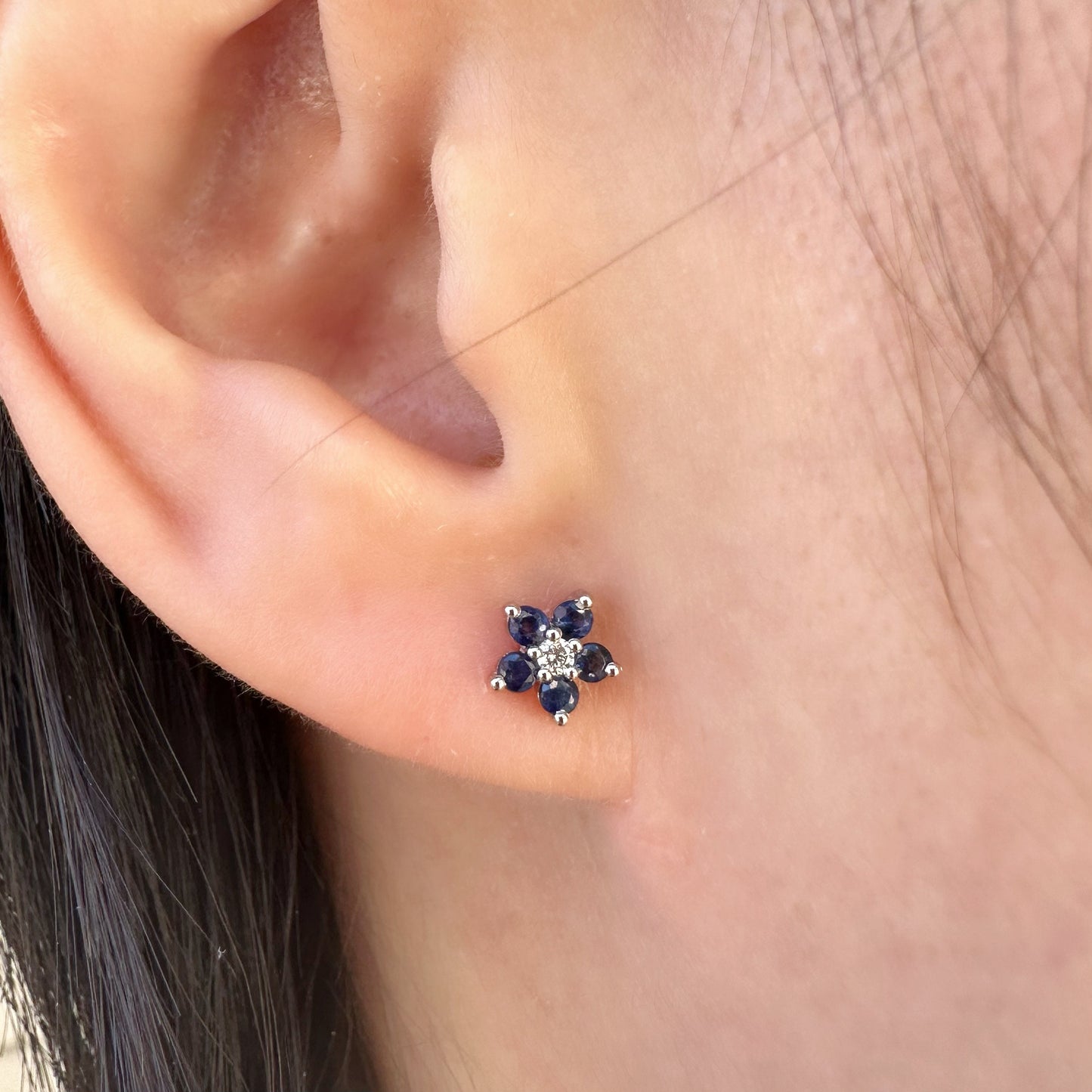 14K Solid Gold Genuine Sapphire and Diamond Flower Studs/Pair