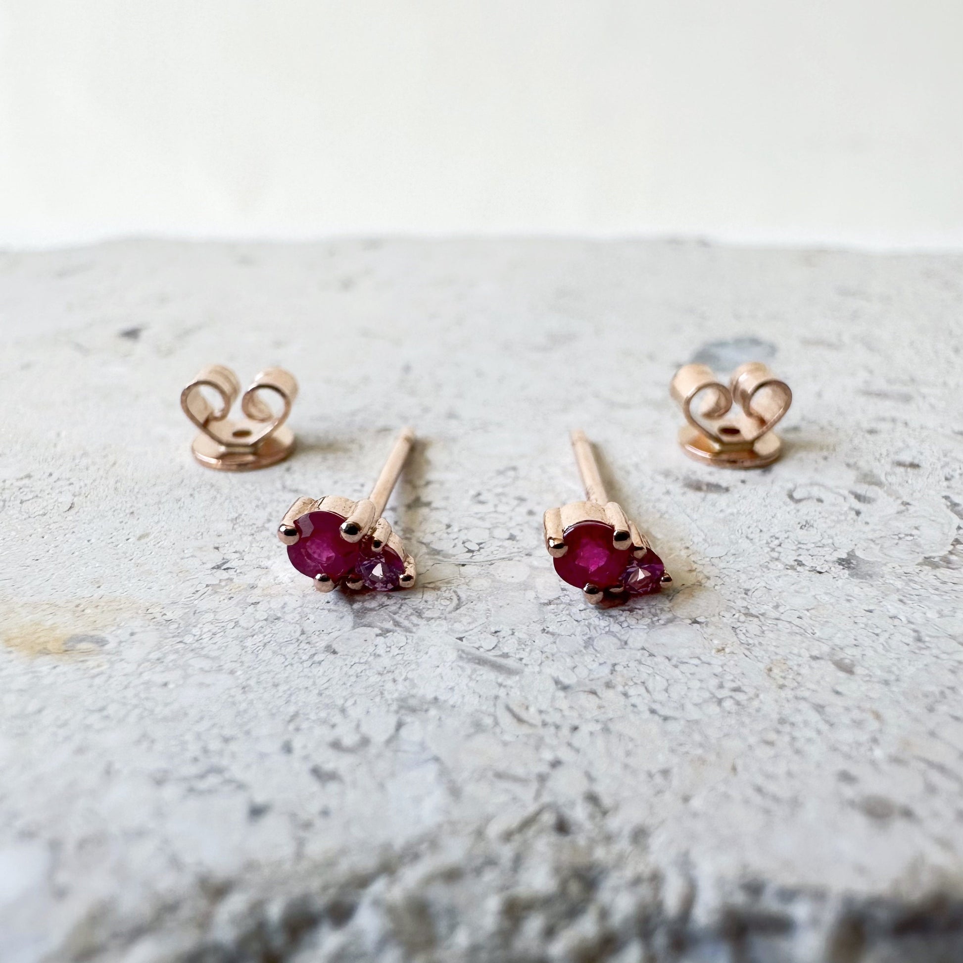 14K Solid Gold Genuine Ruby and Pink Sapphire Stacked Studs/Pair