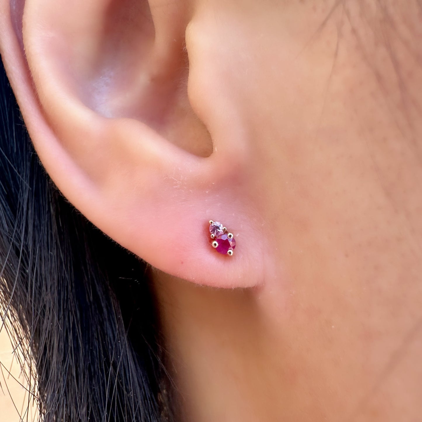 14K Solid Gold Genuine Ruby and Pink Sapphire Stacked Studs/Pair