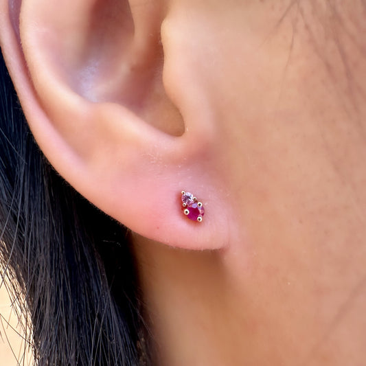 14K Solid Gold Genuine Ruby and Pink Sapphire Stacked Studs/Pair