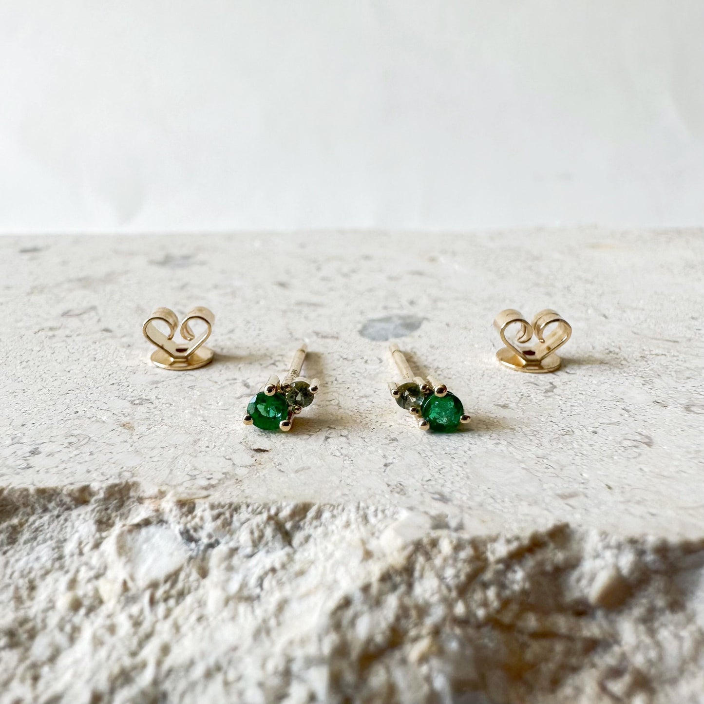 14K Solid Gold Genuine Emerald and Green Sapphire Stacked Studs/Pair