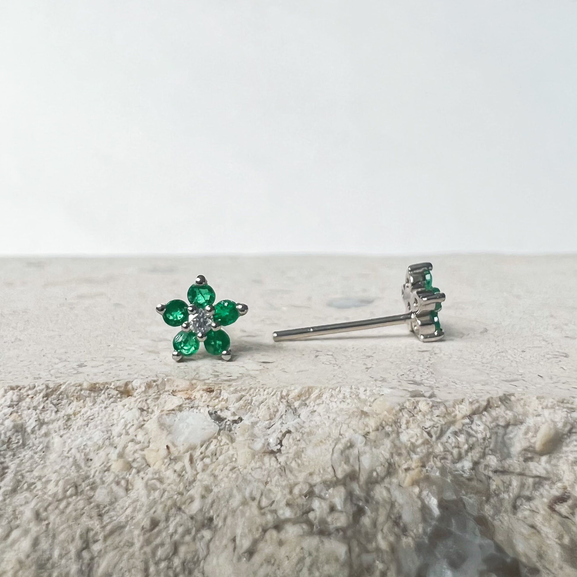 14K Solid Gold Genuine Emerald and Diamond Flower Studs