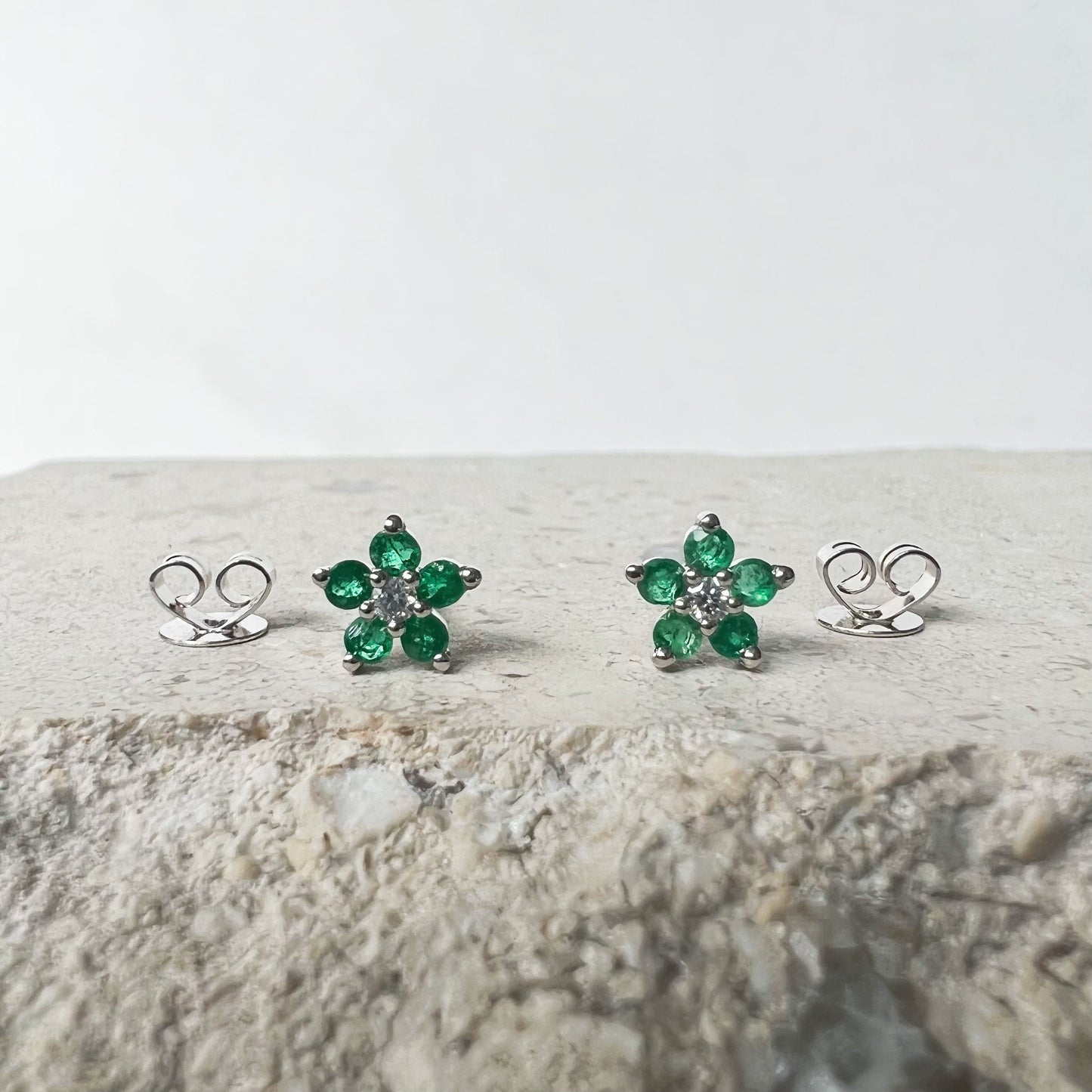 14K Solid Gold Genuine Emerald and Diamond Flower Studs