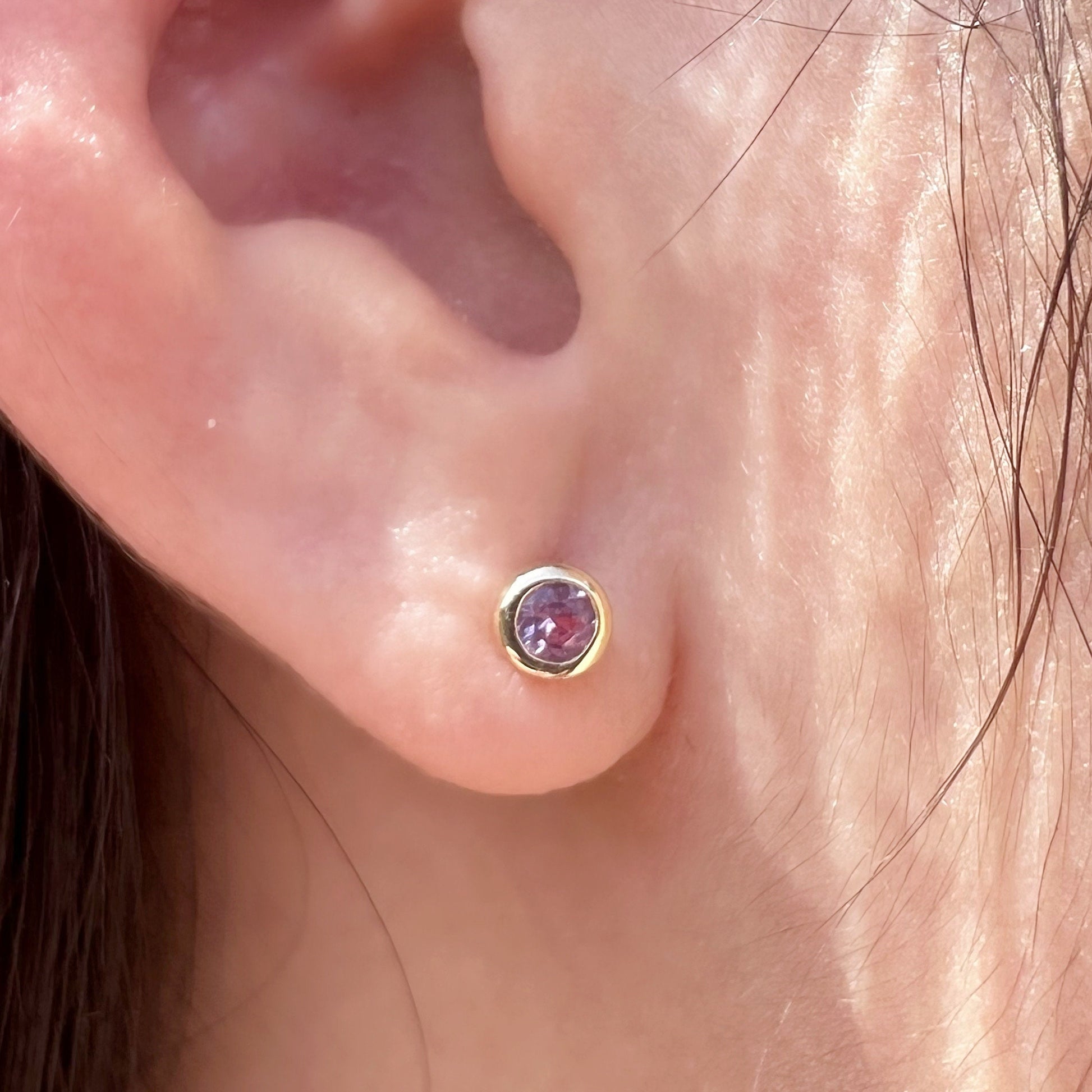 14K Solid Gold Genuine 4mm Pink Sapphire Bezel Studs/Pair