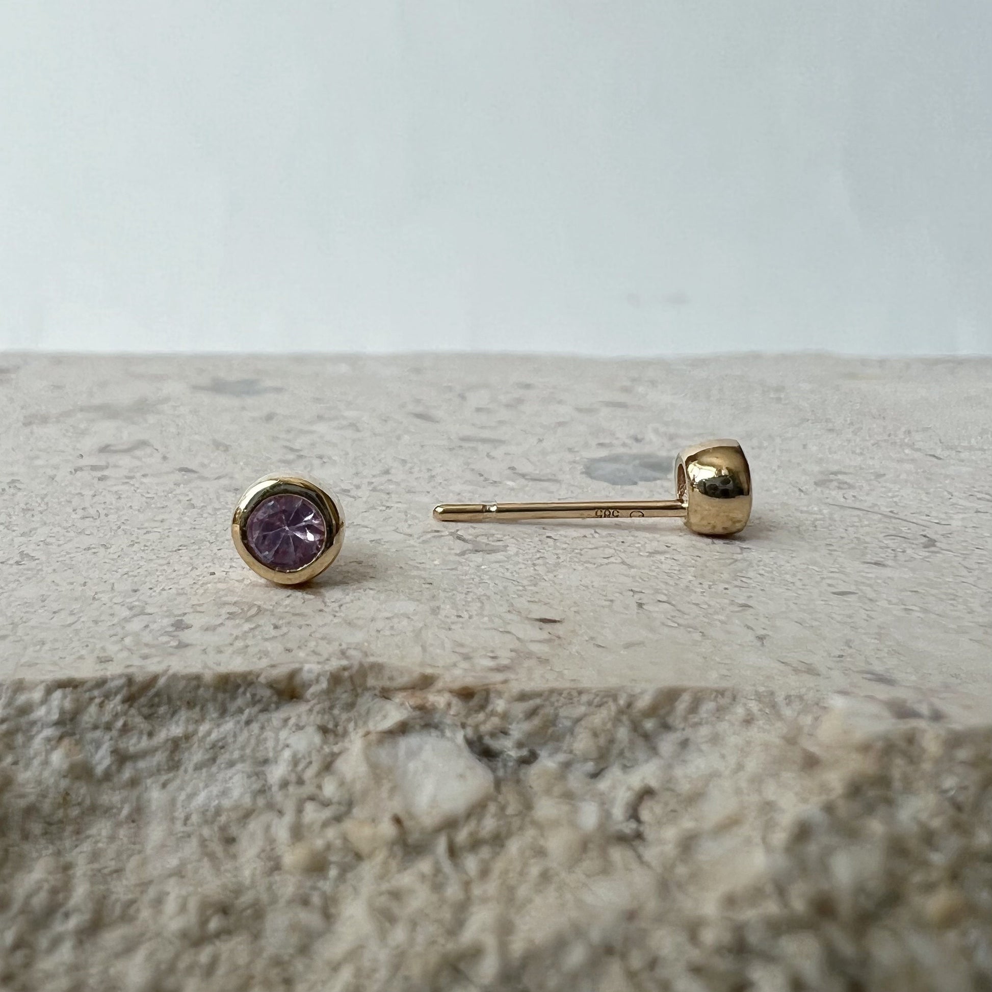 14K Solid Gold Genuine 4mm Pink Sapphire Bezel Studs/Pair