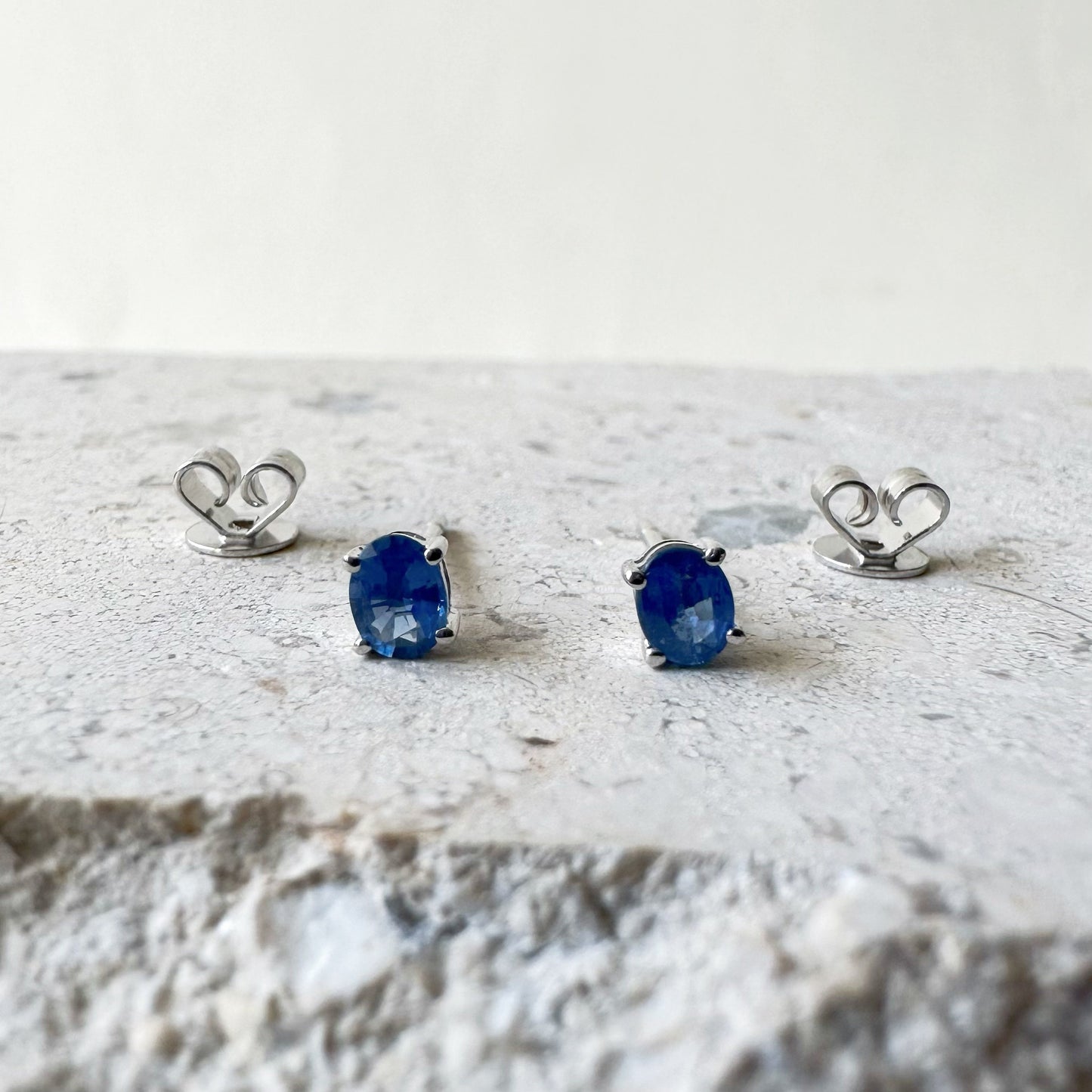 14K Solid Gold Genuine Ceylon Oval Sapphire Studs/Pair