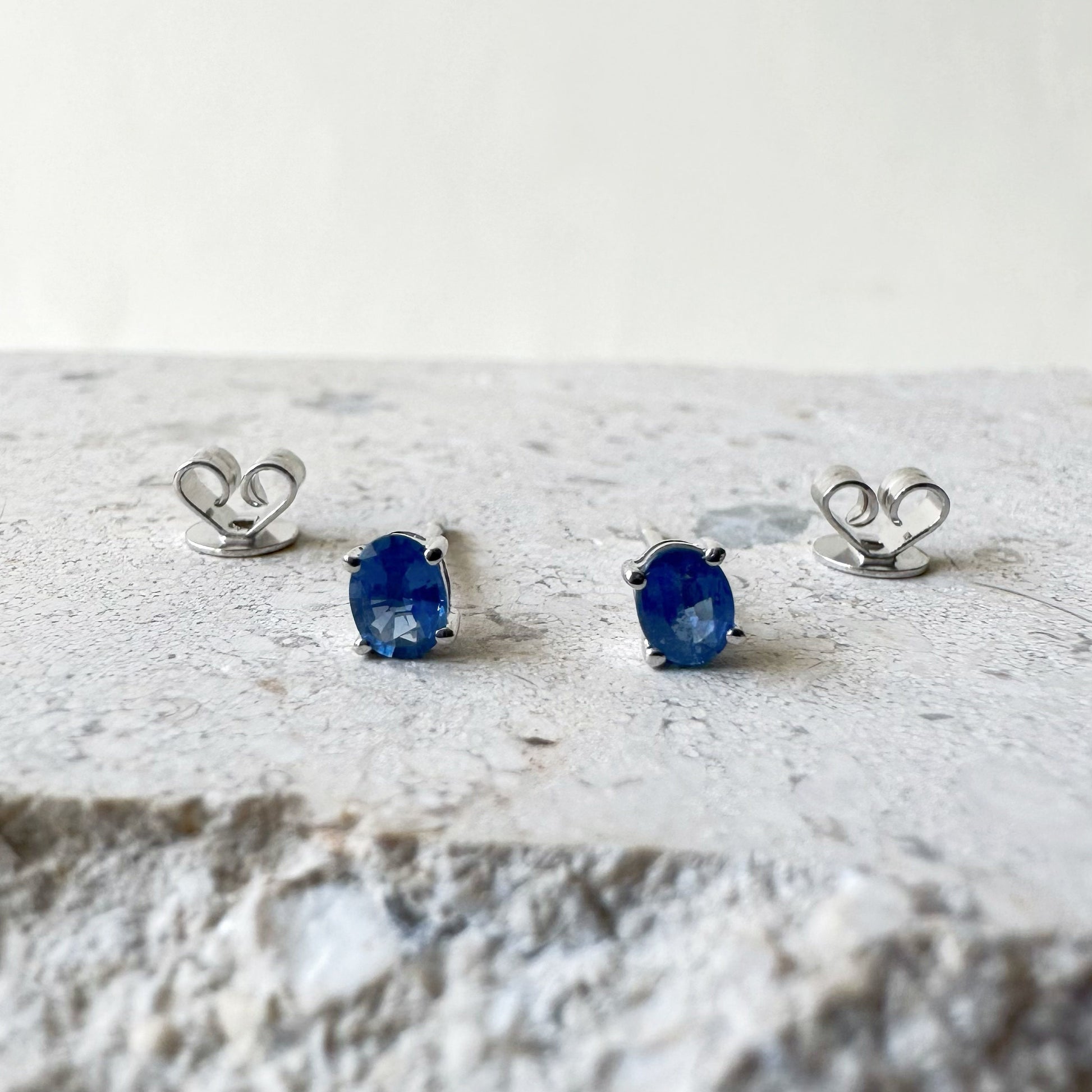 14K Solid Gold Genuine Ceylon Oval Sapphire Studs/Pair