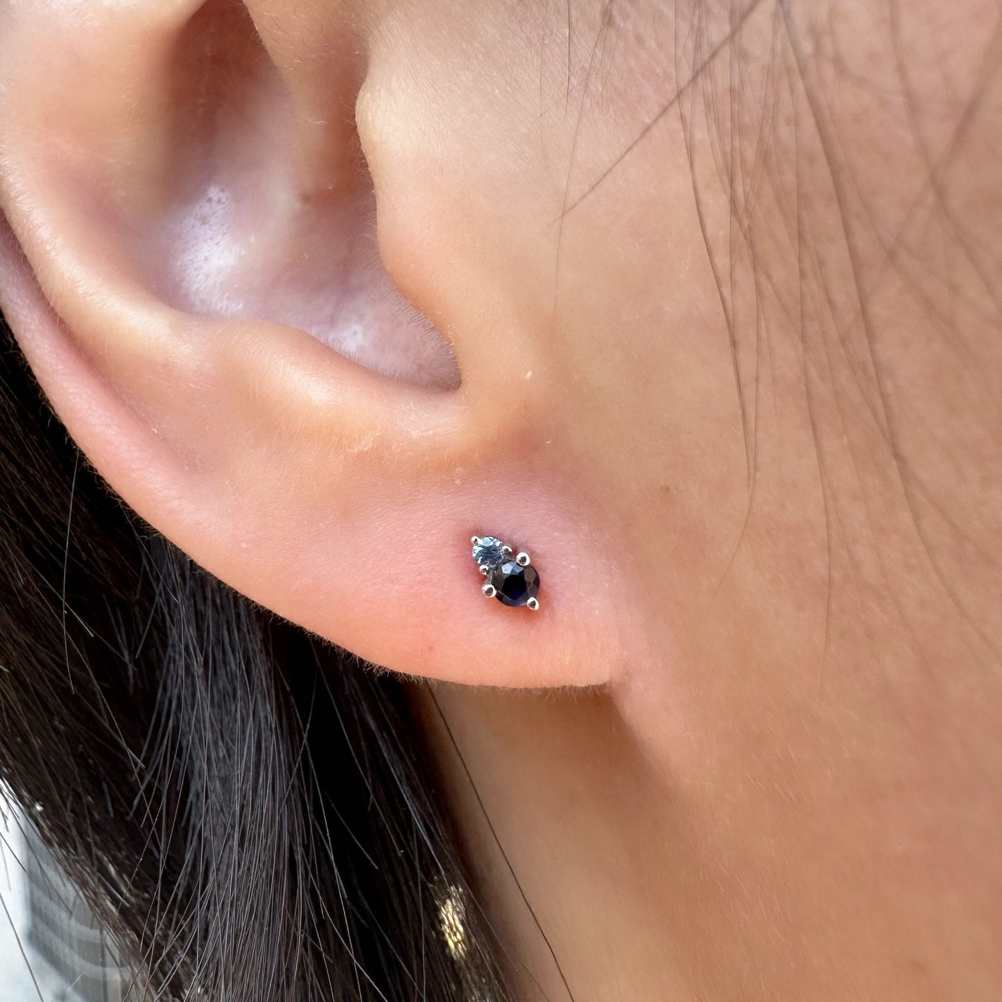 14K Solid Gold Genuine Sapphire Stacked Studs/Pair