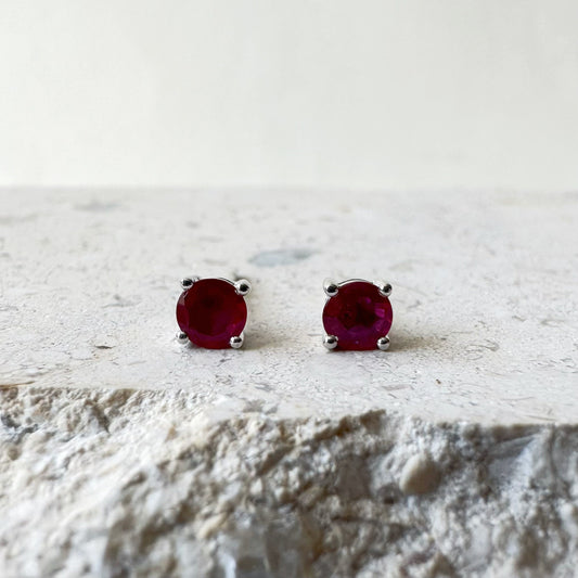 14K Solid Gold Genuine Round Ruby Studs/Pair (4MM)