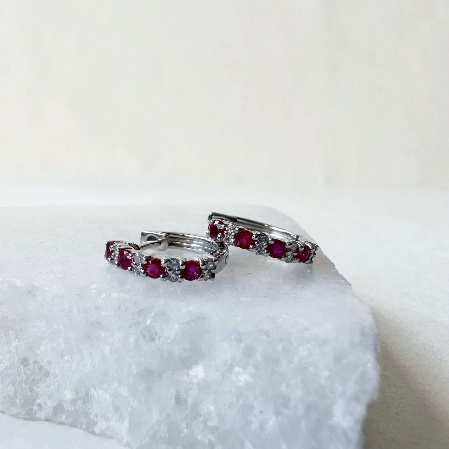 18K Solid Gold Genuine Ruby and Diamond Hoops/Pair