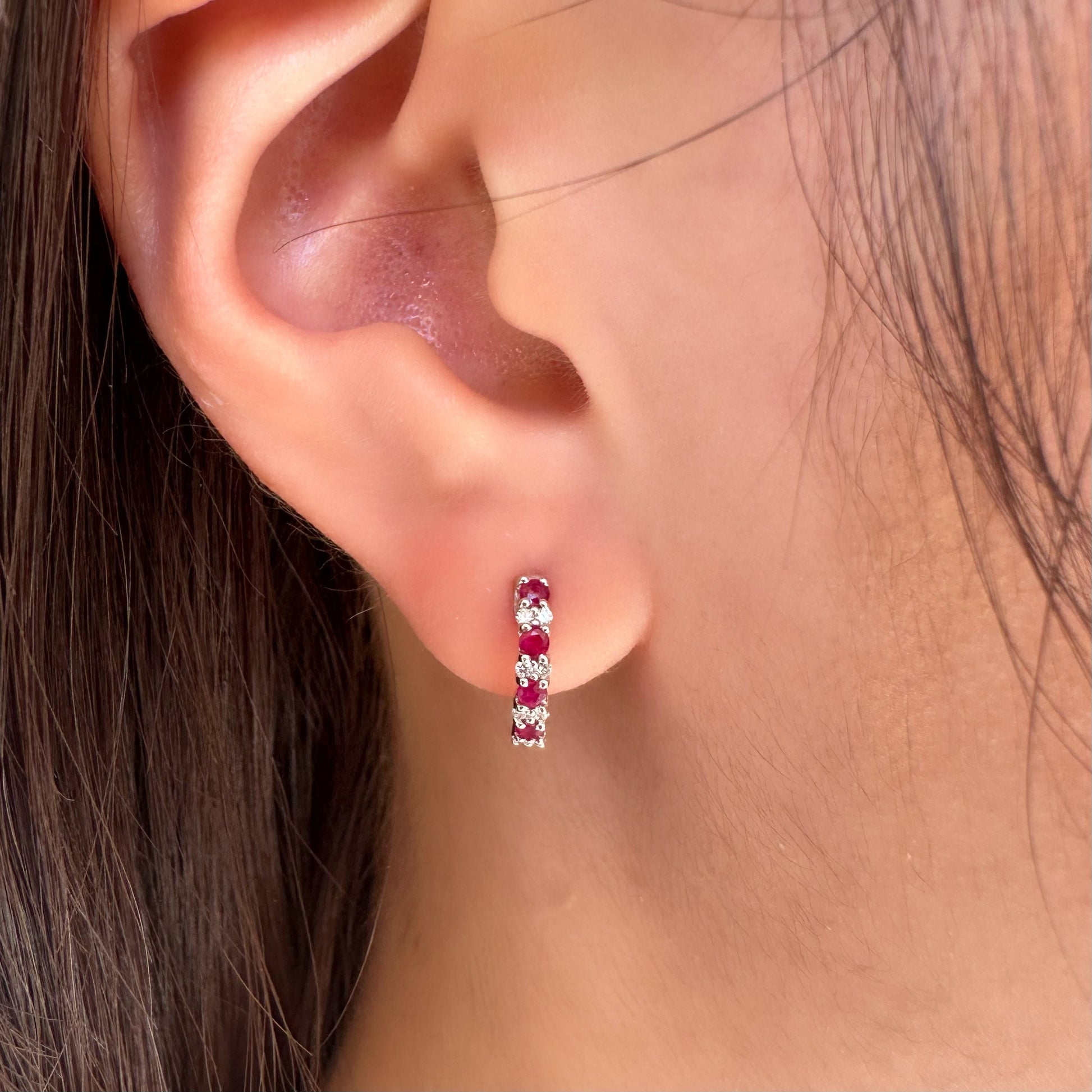 18K Solid Gold Genuine Ruby and Diamond Hoops/Pair
