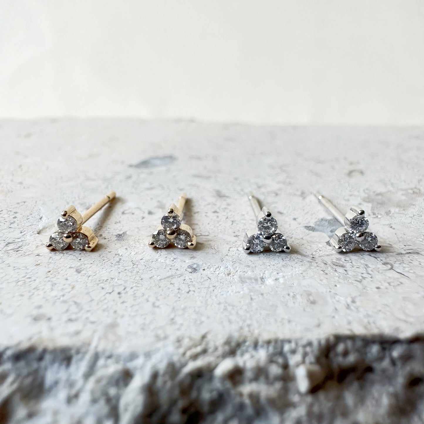 14K Solid Gold Genuine Diamond Trio Studs/Pair