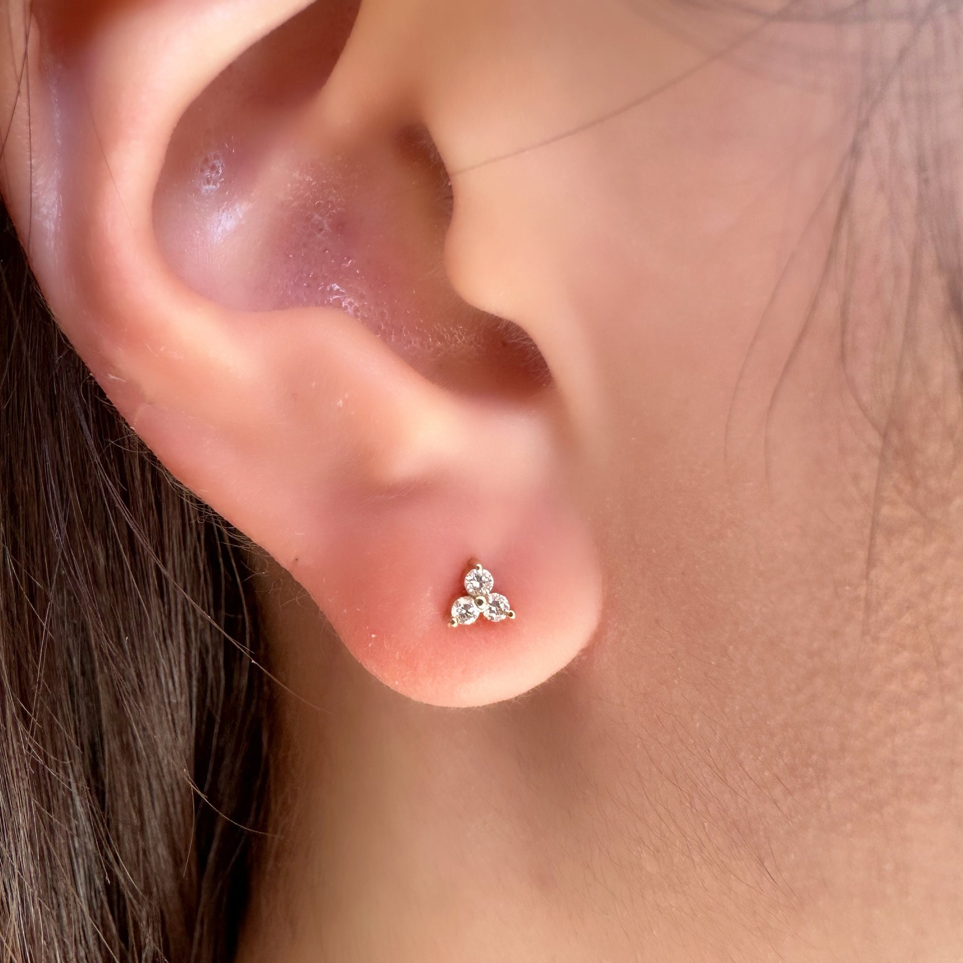 14K Solid Gold Genuine Diamond Trio Studs/Pair