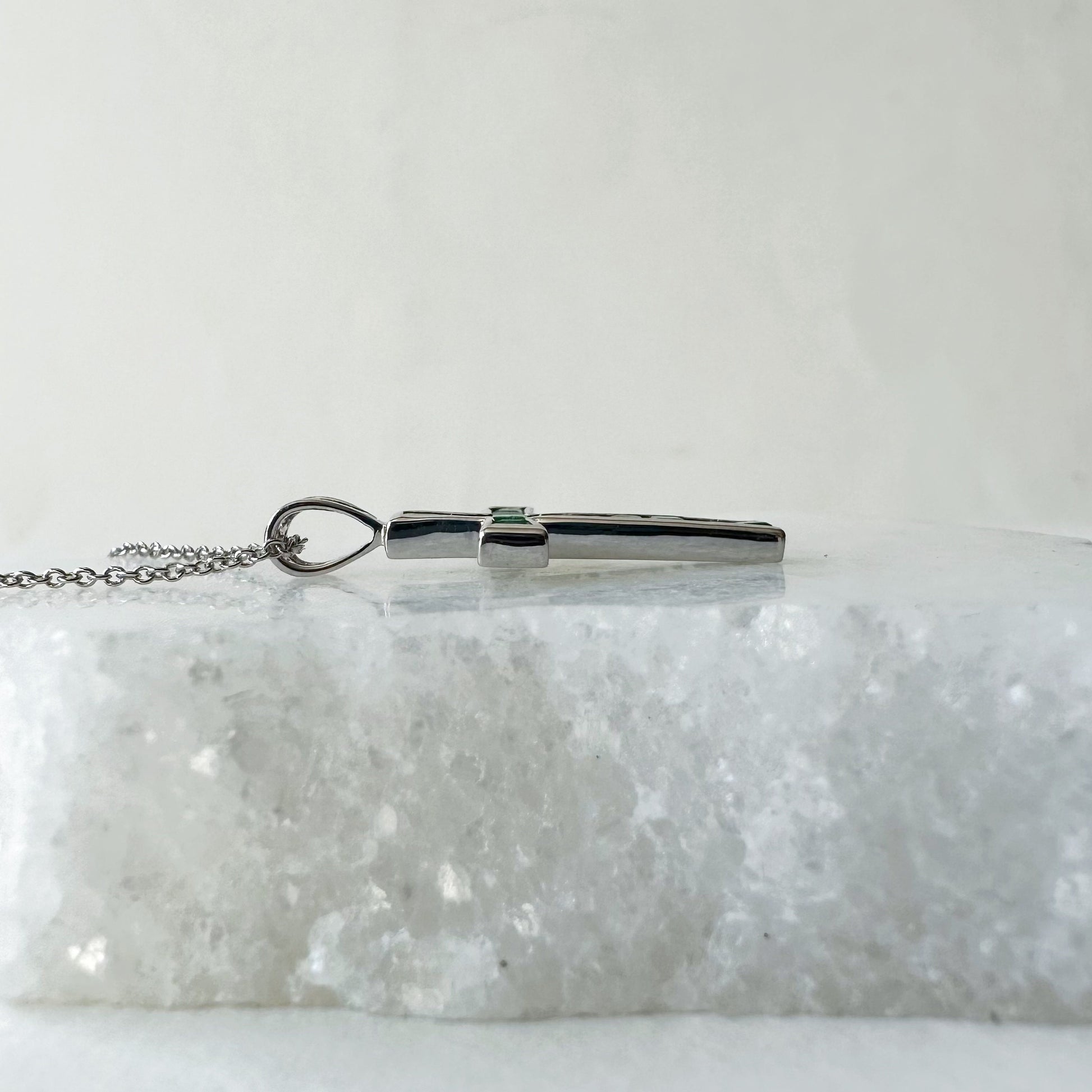 14K Solid Gold Genuine Emerald Cross Pendant