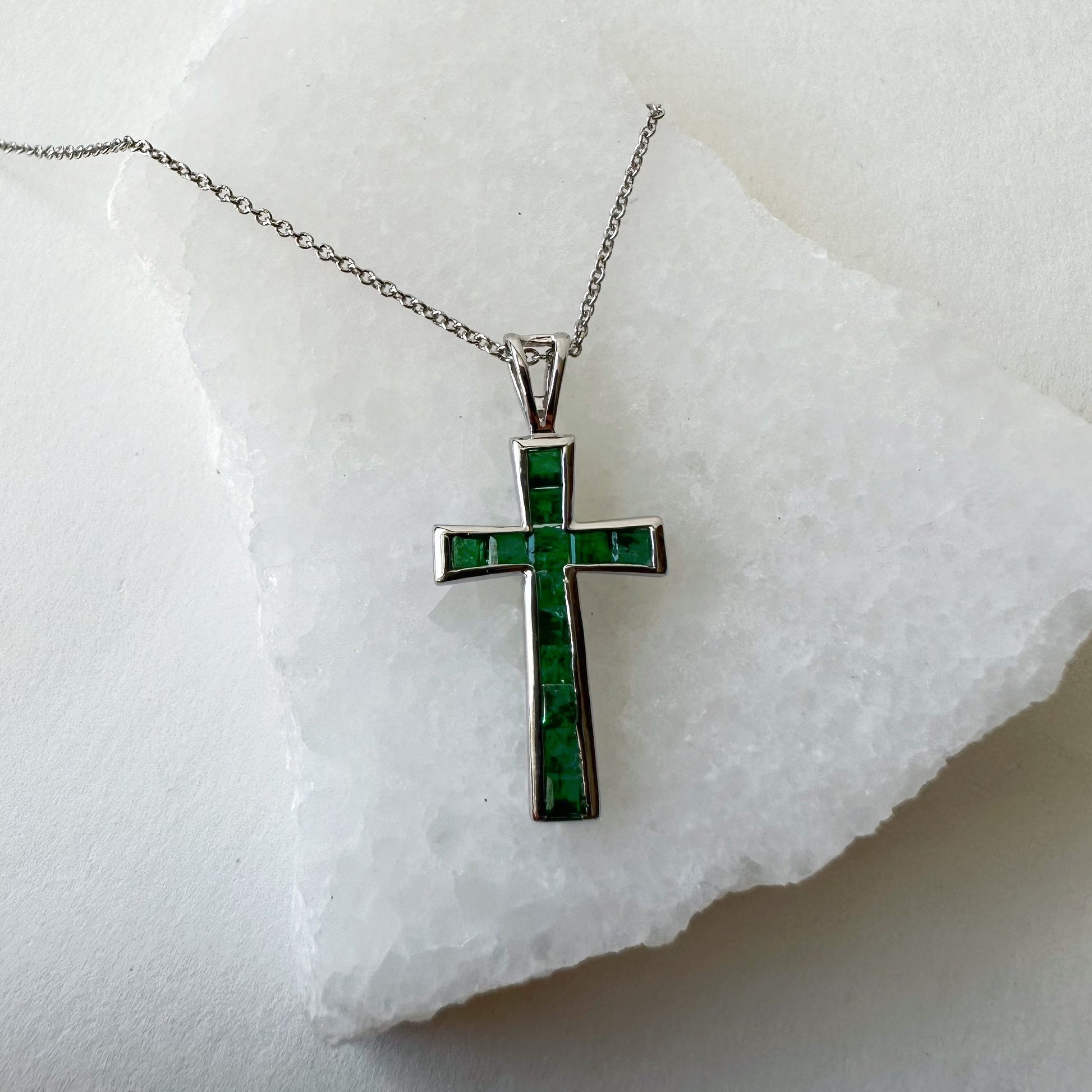 14K Solid Gold Genuine Emerald Cross Pendant