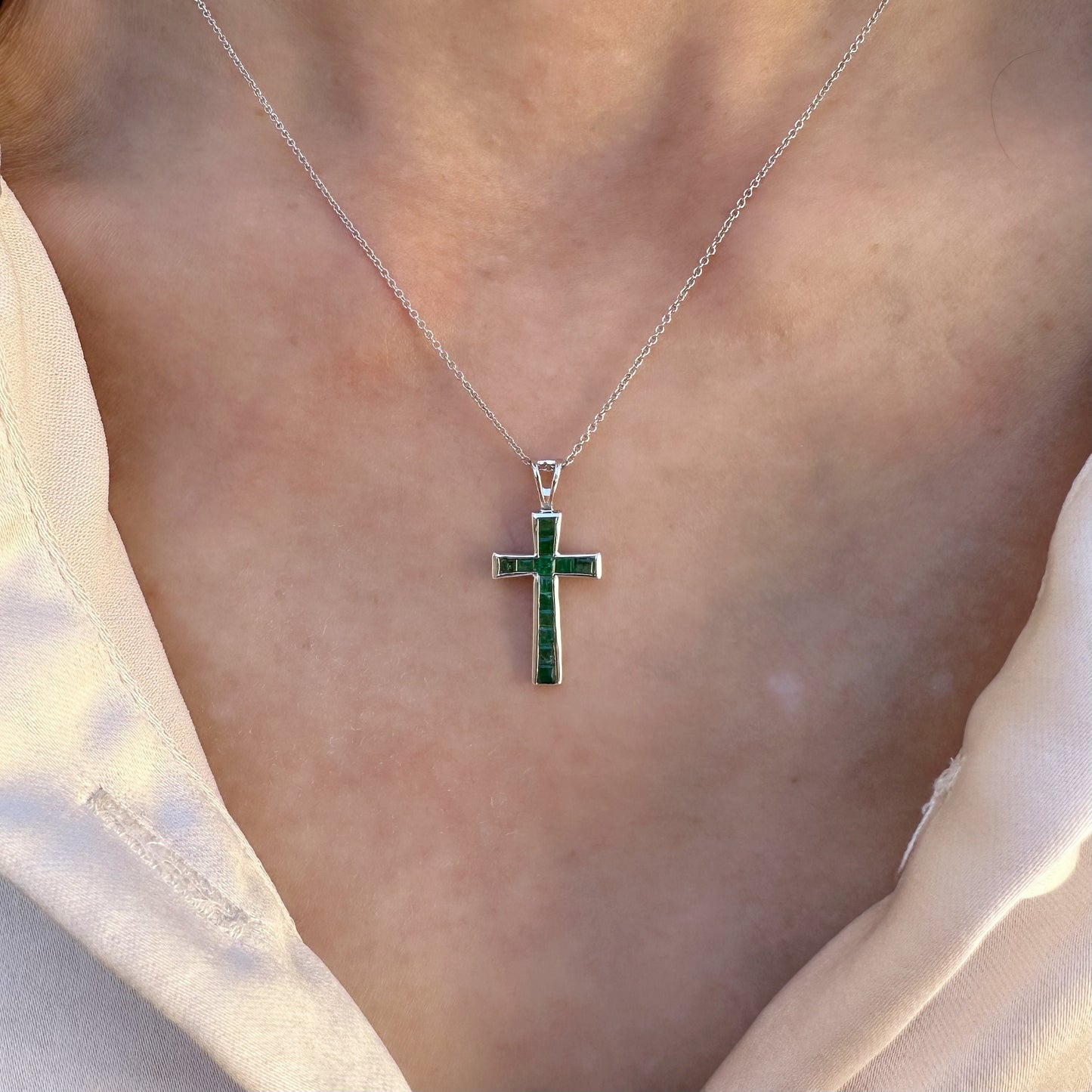 14K Solid Gold Genuine Emerald Cross Pendant
