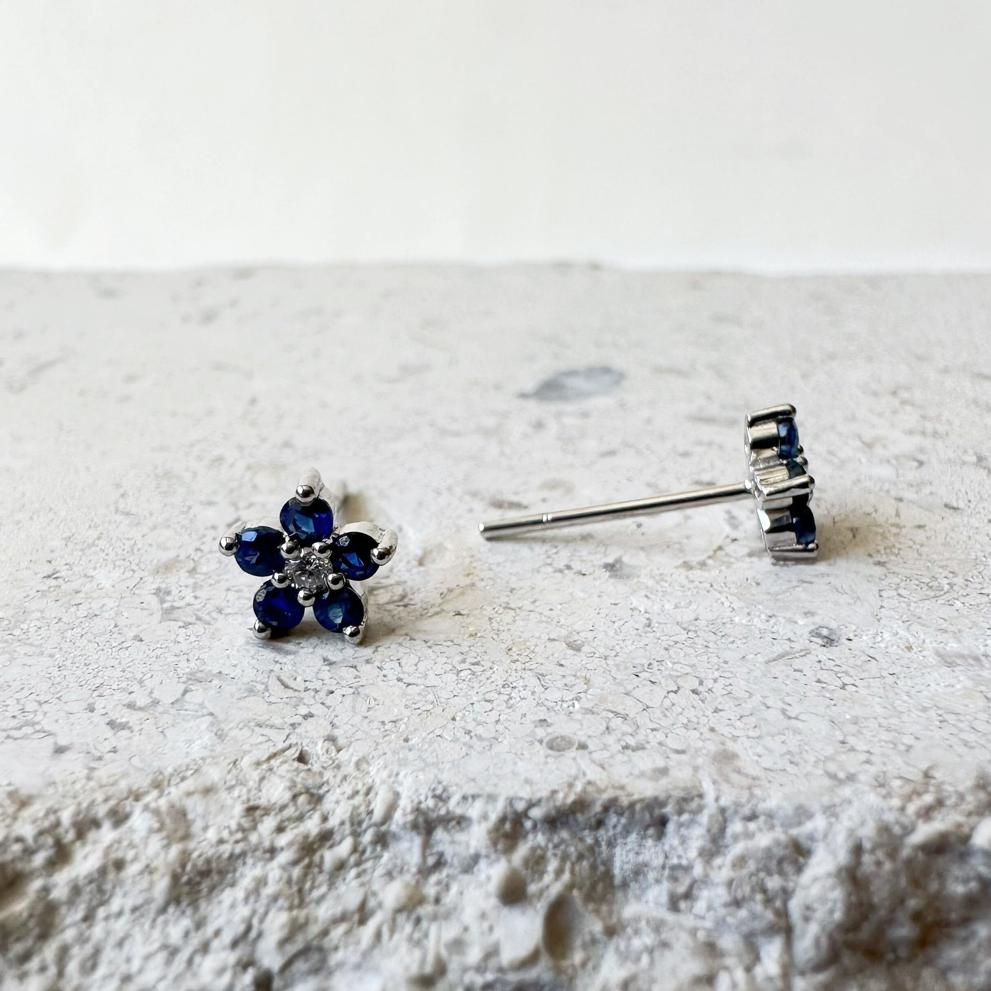 14K Solid Gold Genuine Sapphire and Diamond Flower Studs/Pair