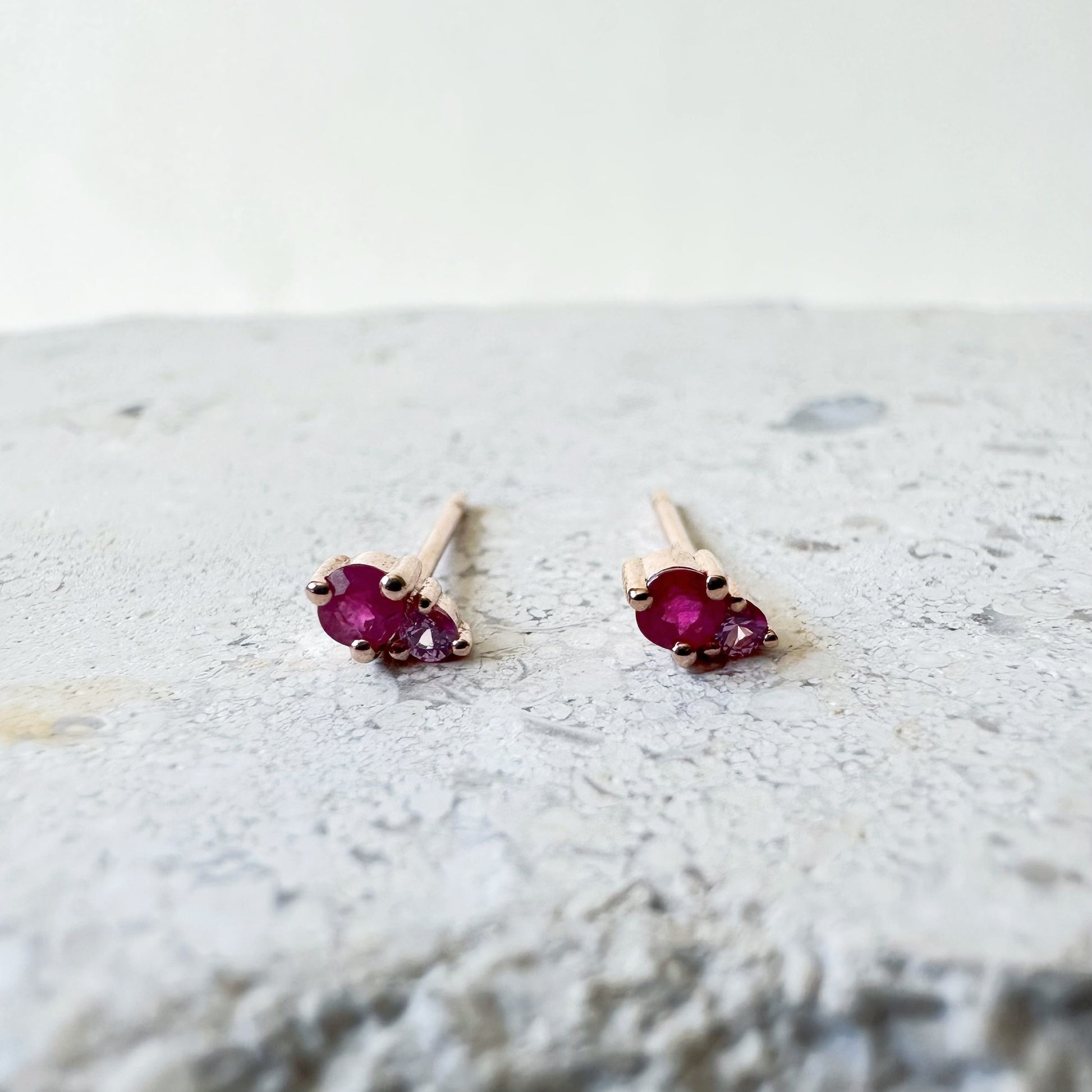 14K Solid Gold Genuine Ruby and Pink Sapphire Stacked Studs/Pair