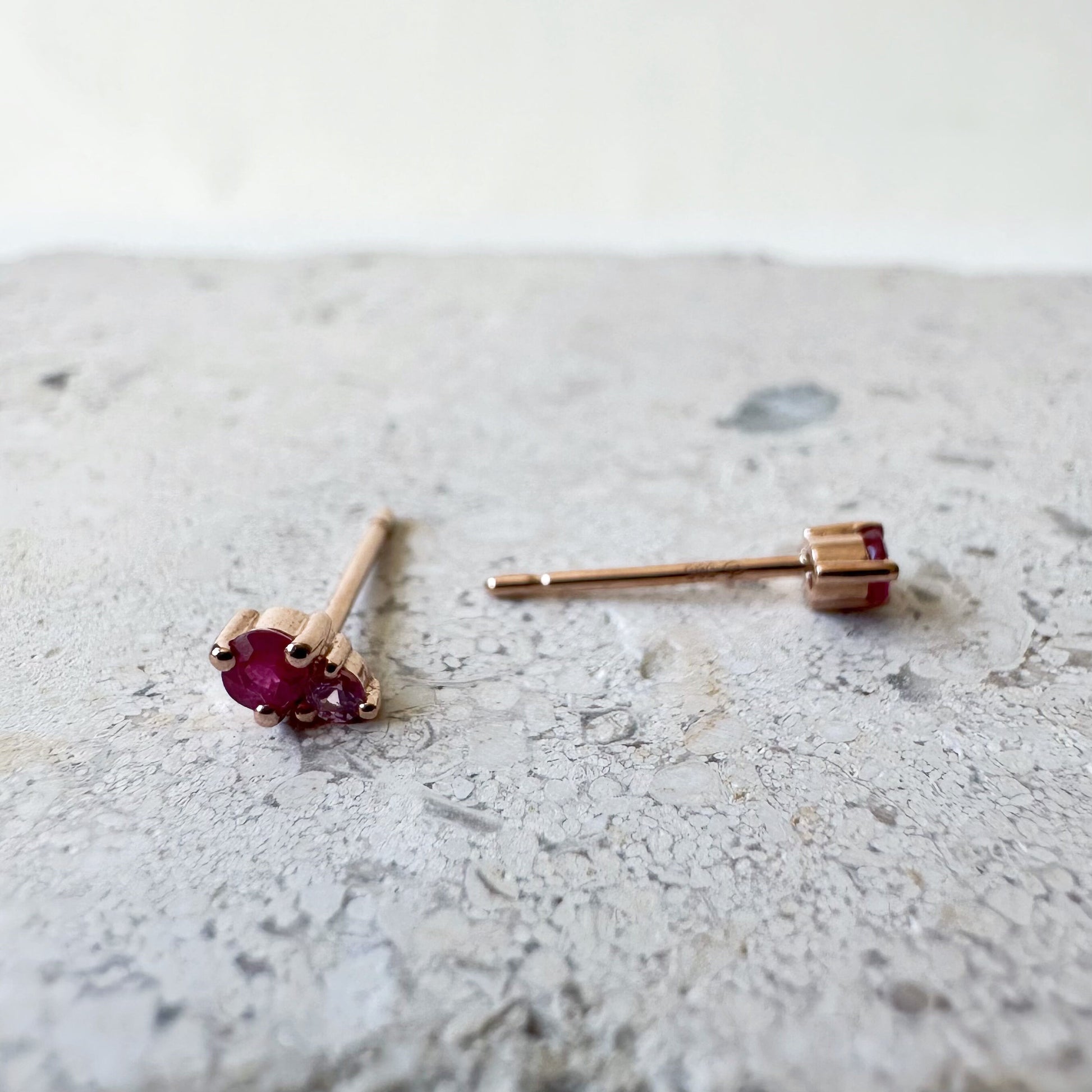 14K Solid Gold Genuine Ruby and Pink Sapphire Stacked Studs/Pair