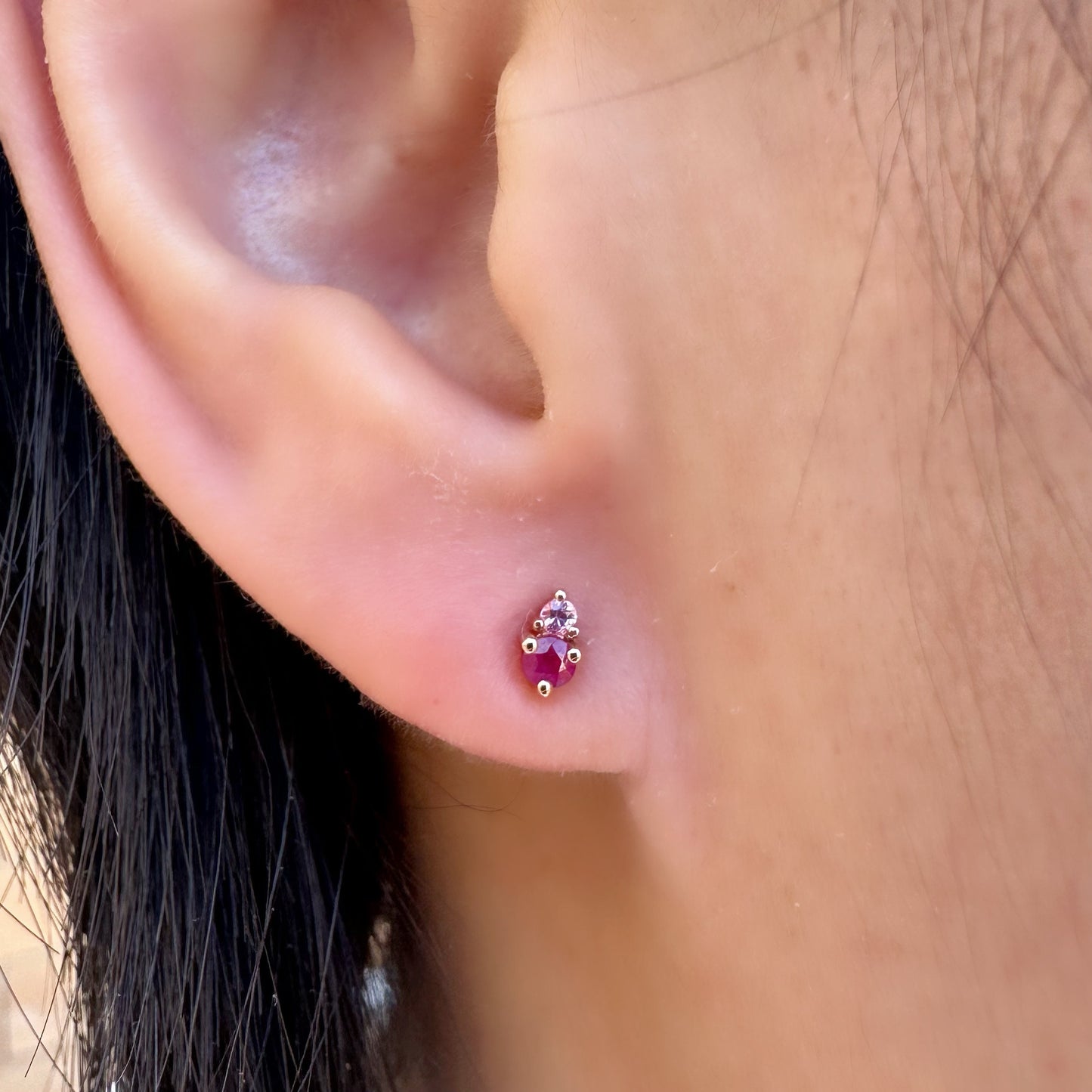 14K Solid Gold Genuine Ruby and Pink Sapphire Stacked Studs/Pair