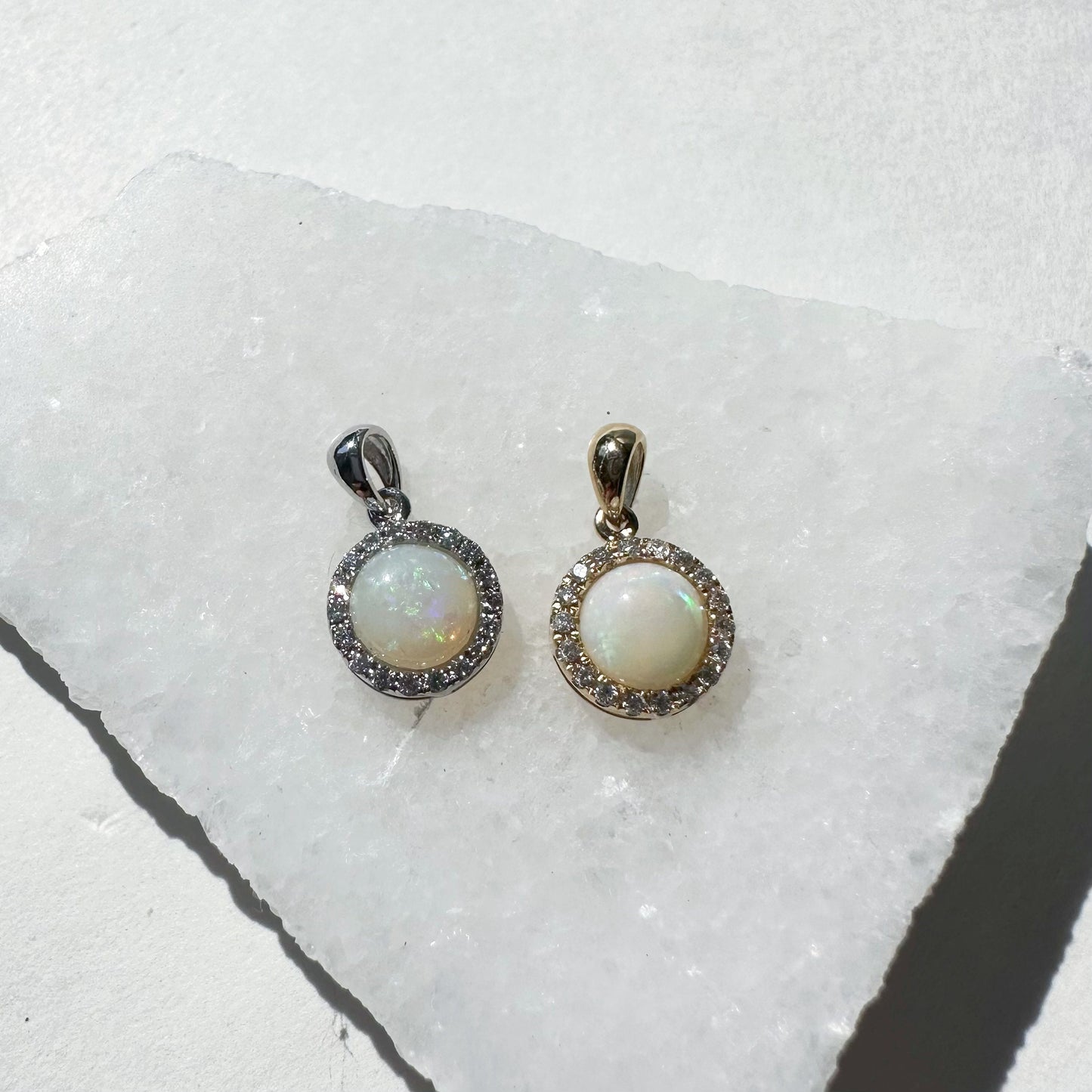 14K Solid Gold Genuine Diamond and Opal Circle Pendant