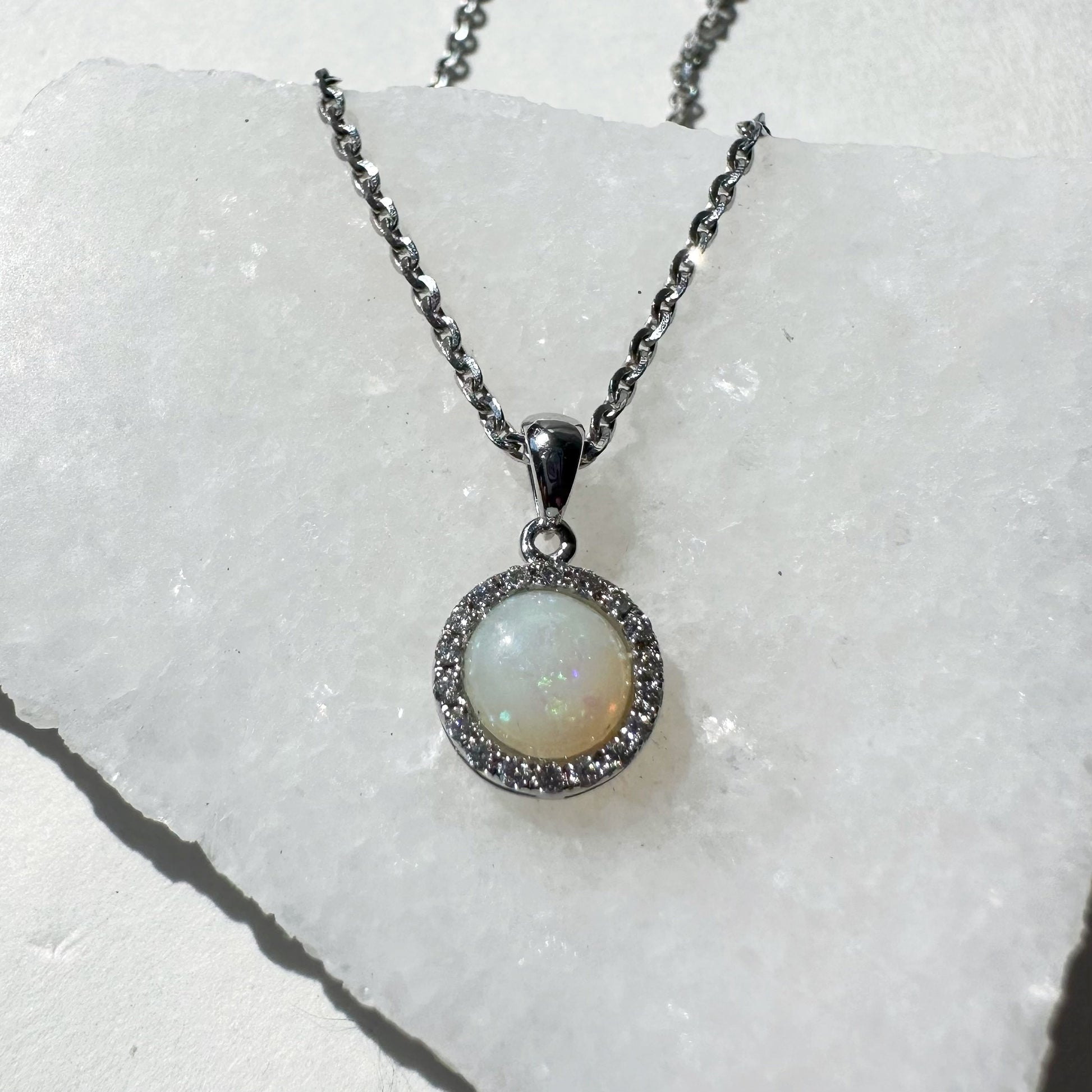 14K Solid Gold Genuine Diamond and Opal Circle Pendant