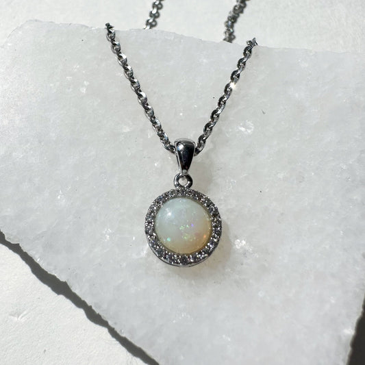 14K Solid Gold Genuine Diamond and Opal Circle Pendant