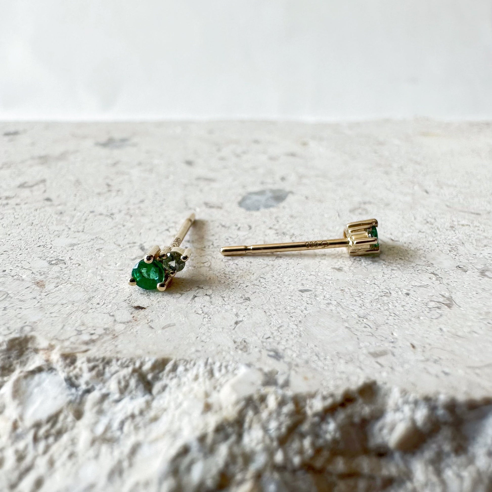 14K Solid Gold Genuine Emerald and Green Sapphire Stacked Studs/Pair