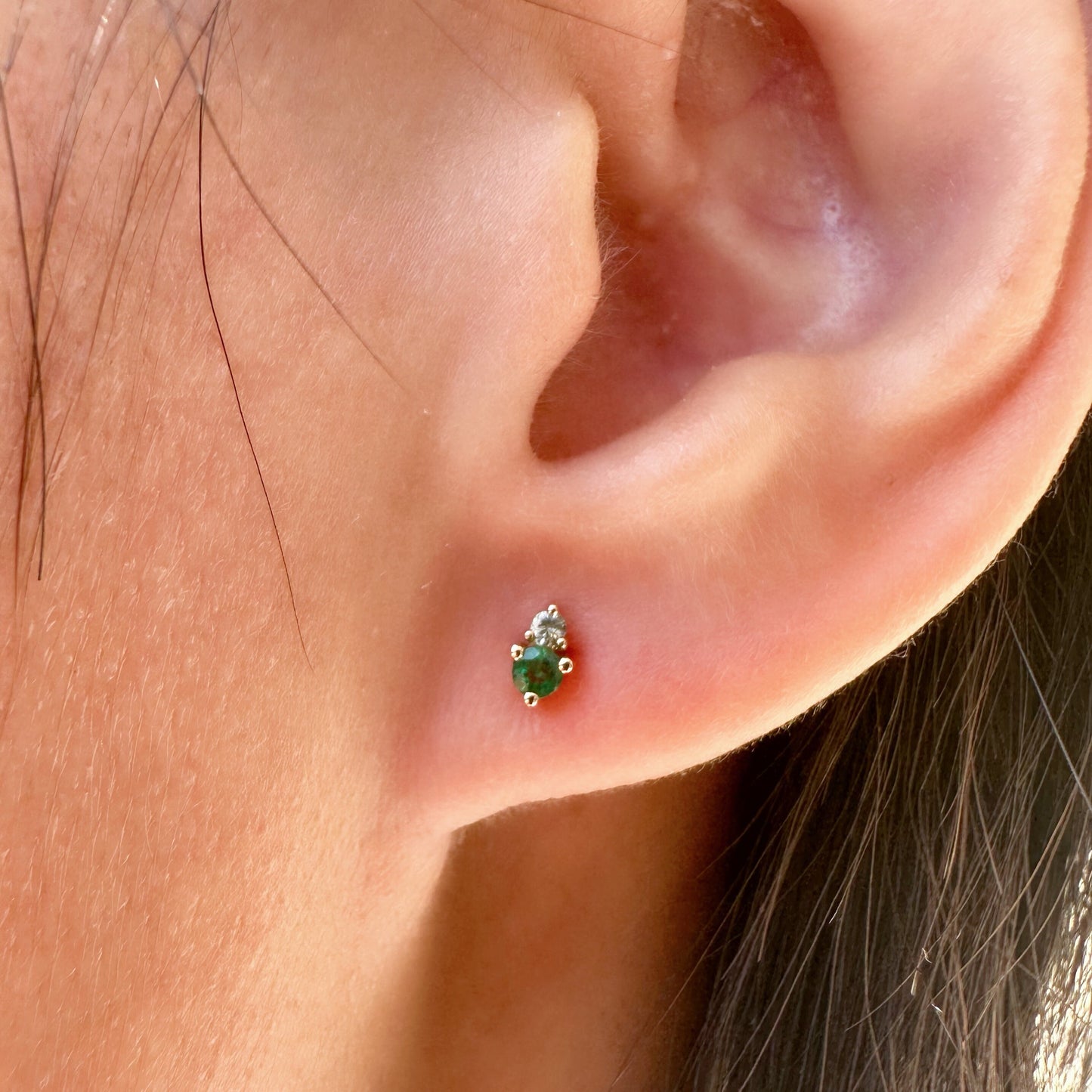 14K Solid Gold Genuine Emerald and Green Sapphire Stacked Studs/Pair