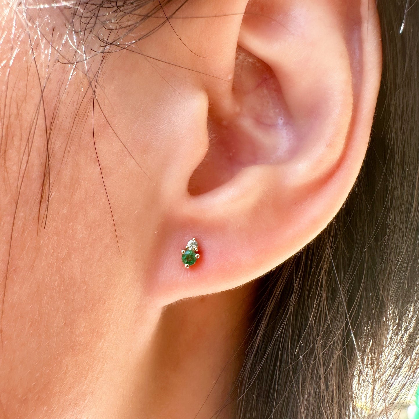 14K Solid Gold Genuine Emerald and Green Sapphire Stacked Studs/Pair