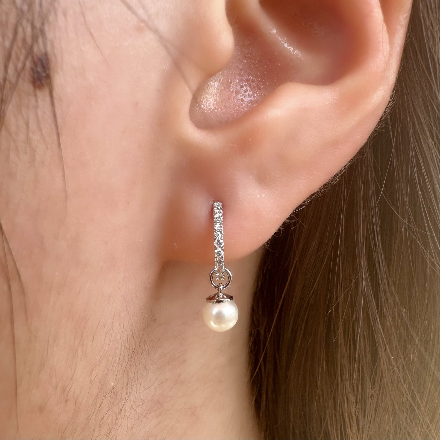 18K Solid Gold Akoya Pearl and Diamond Huggies/Pair
