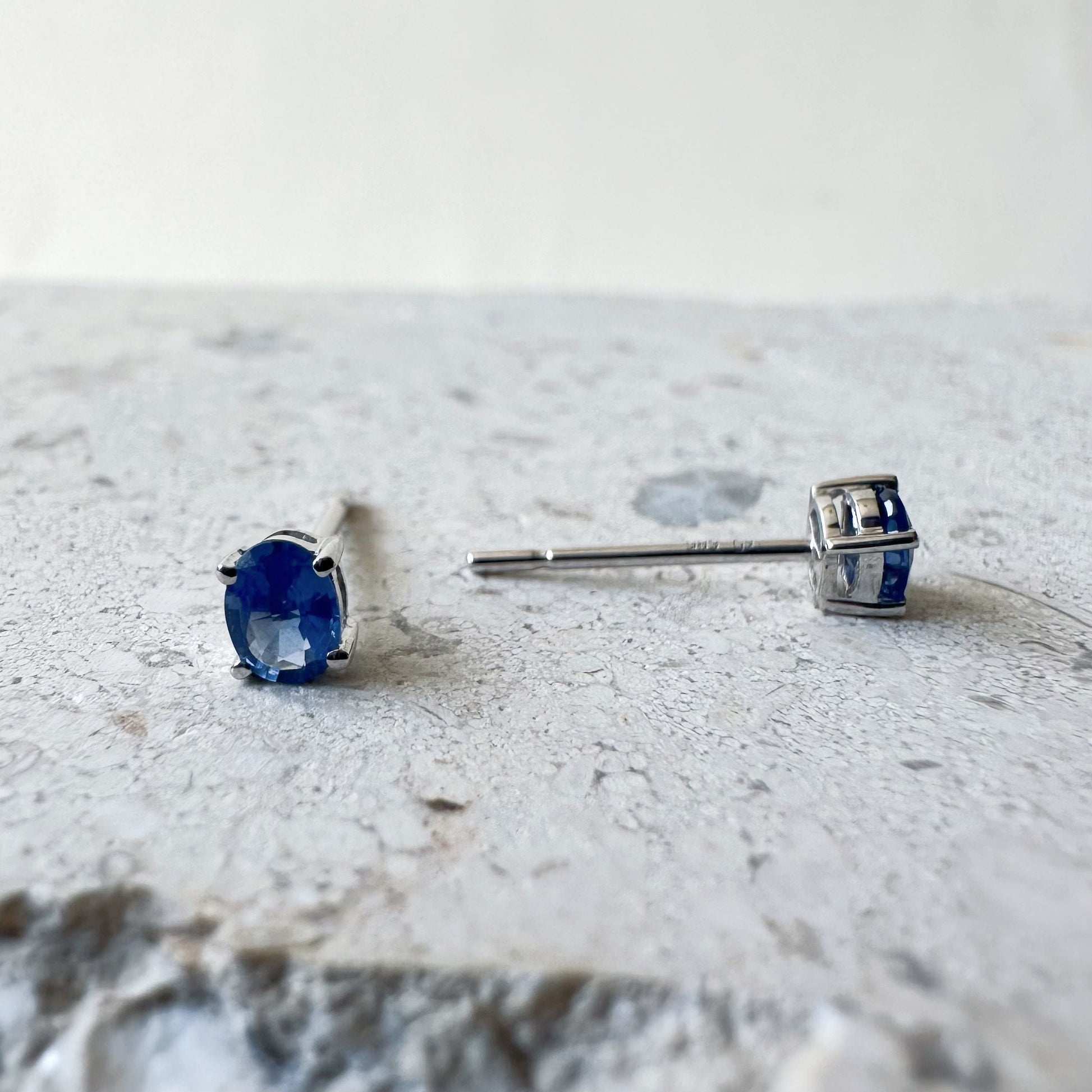 14K Solid Gold Genuine Ceylon Oval Sapphire Studs/Pair