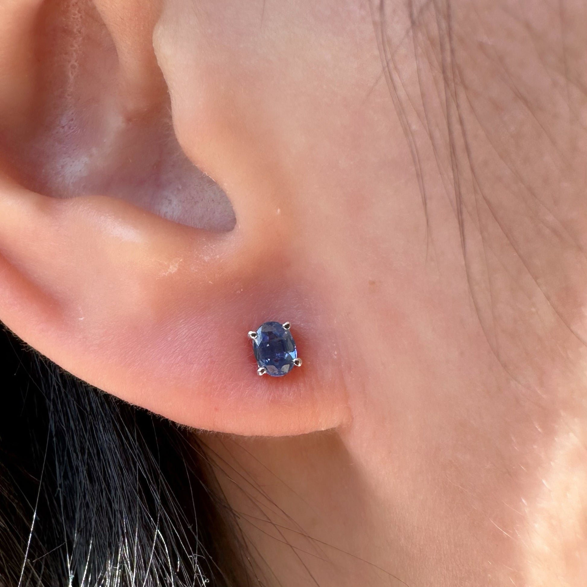 14K Solid Gold Genuine Ceylon Oval Sapphire Studs/Pair