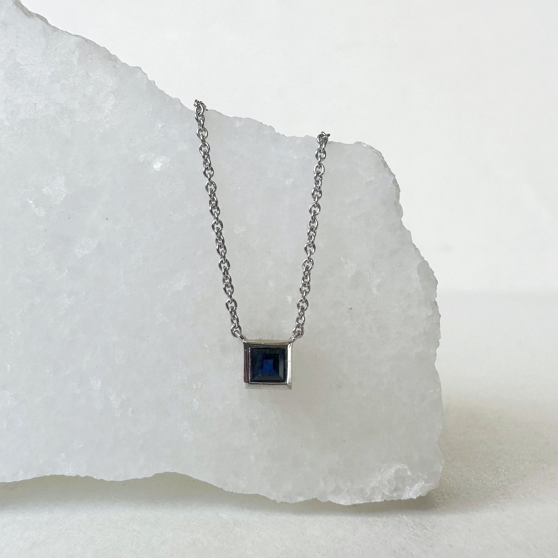 14K Solid Gold Genuine Square Sapphire Necklace