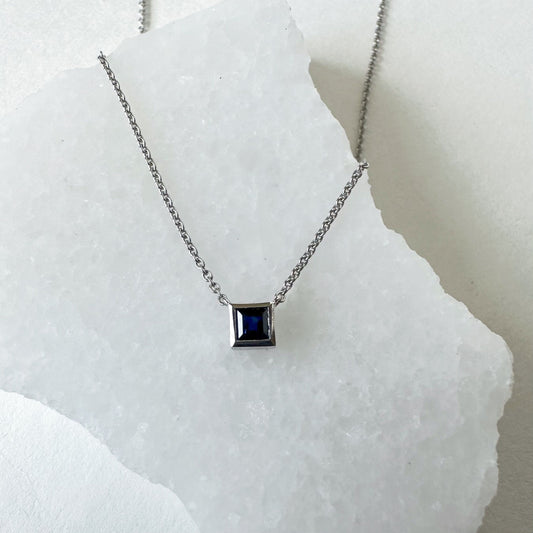 14K Solid Gold Genuine Square Sapphire Necklace