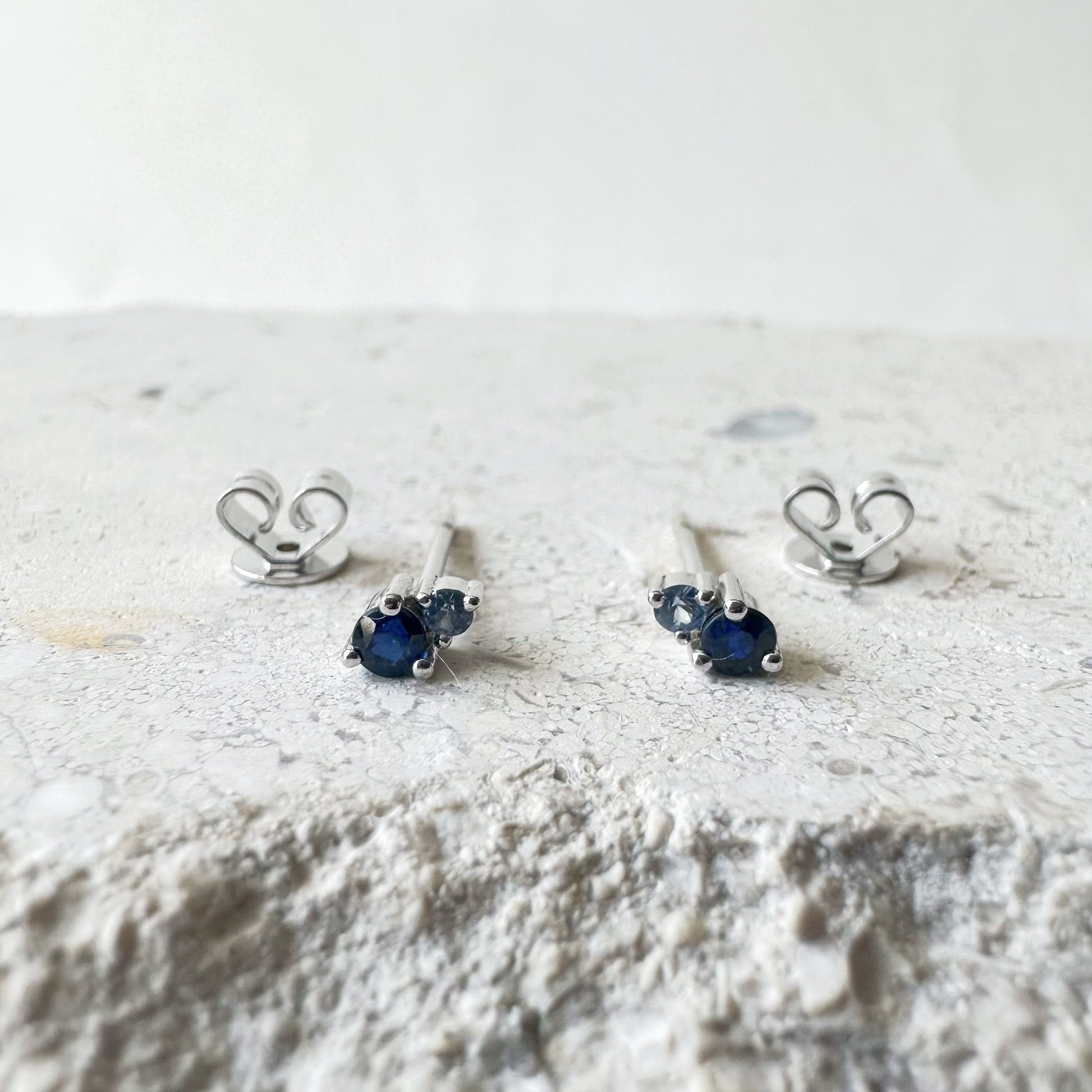 14K Solid Gold Genuine Sapphire Stacked Studs/Pair