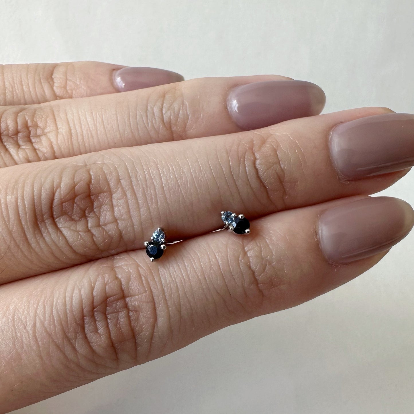 14K Solid Gold Genuine Sapphire Stacked Studs/Pair