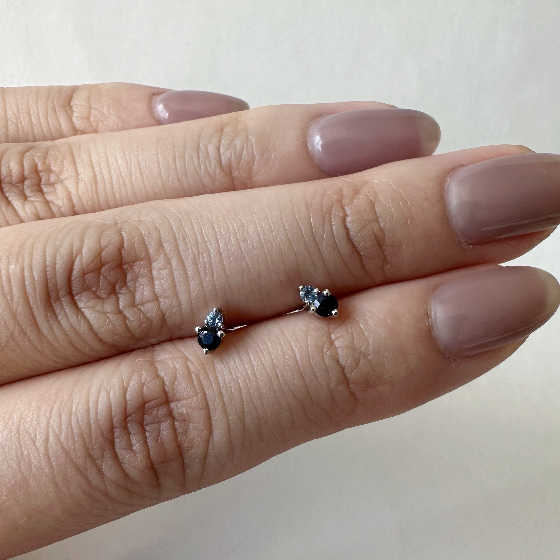 14K Solid Gold Genuine Sapphire Stacked Studs/Pair