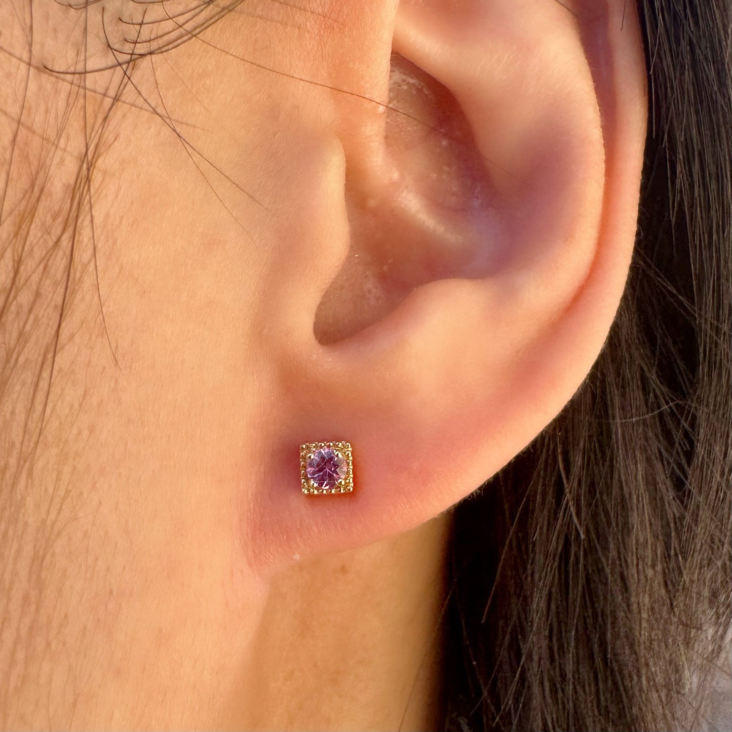 14K Solid Gold Genuine Pink Sapphire Square Studs/Pair
