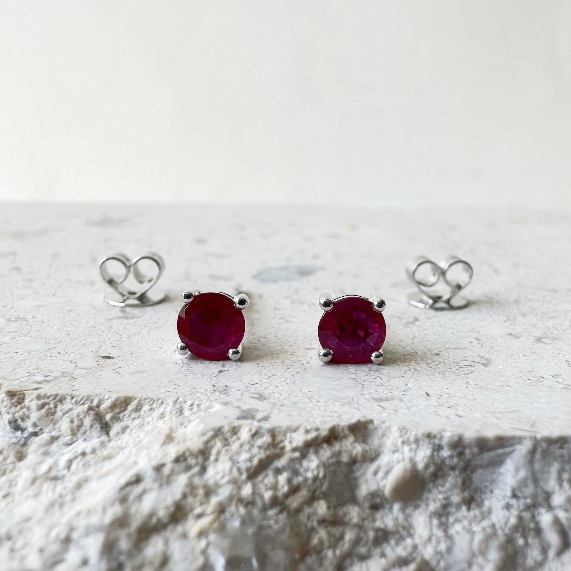 14K Solid Gold Genuine Round Ruby Studs/Pair (4MM)