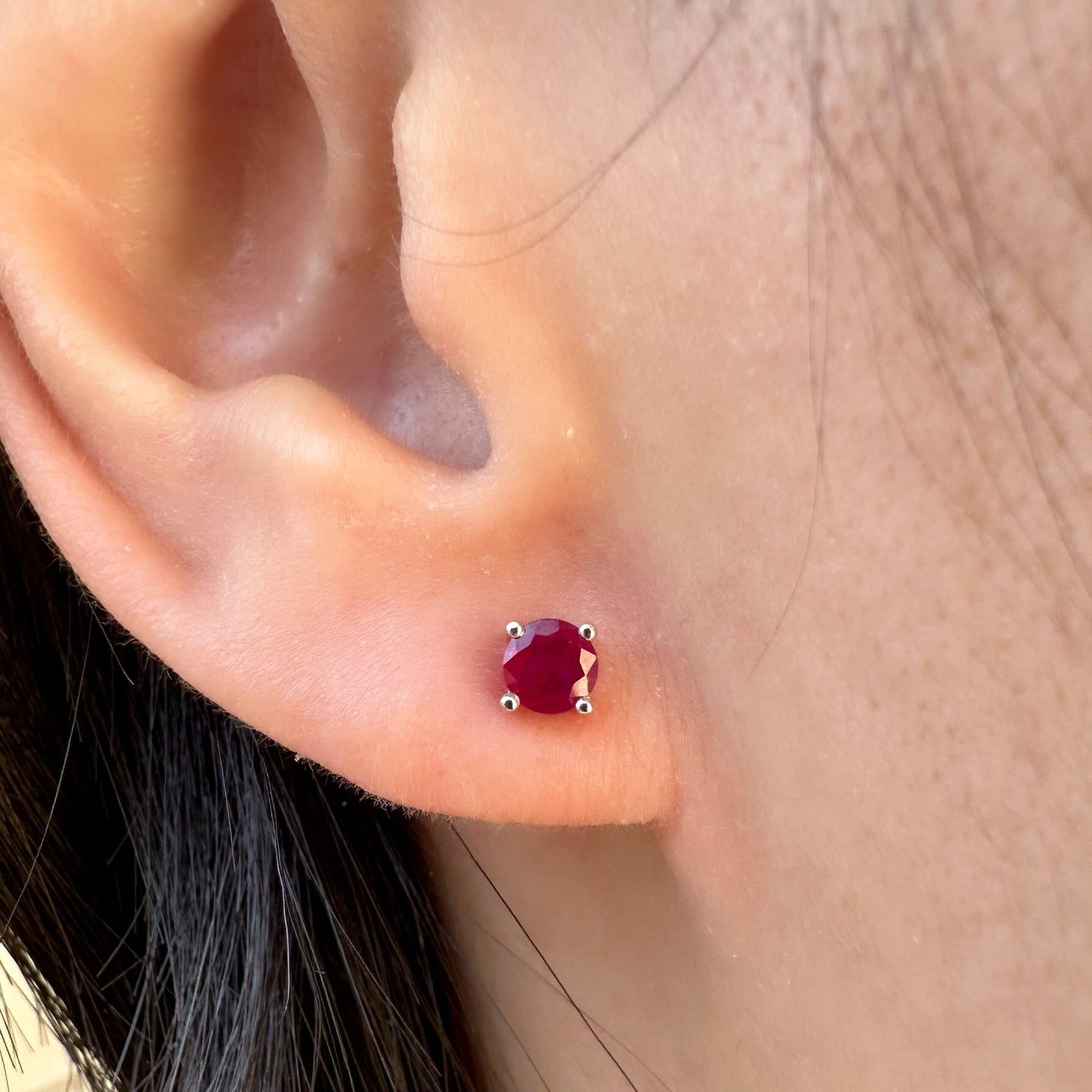 14K Solid Gold Genuine Round Ruby Studs/Pair (4MM)