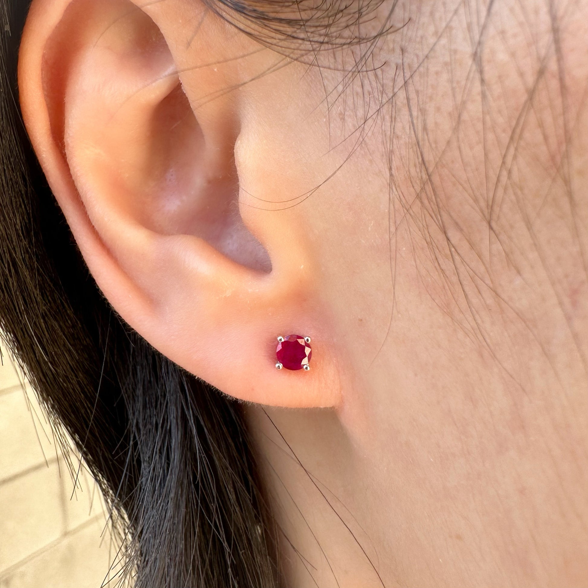 14K Solid Gold Genuine Round Ruby Studs/Pair (4MM)