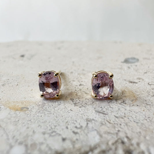14K Solid Gold Genuine Oval Pink Sapphire Studs/Pair