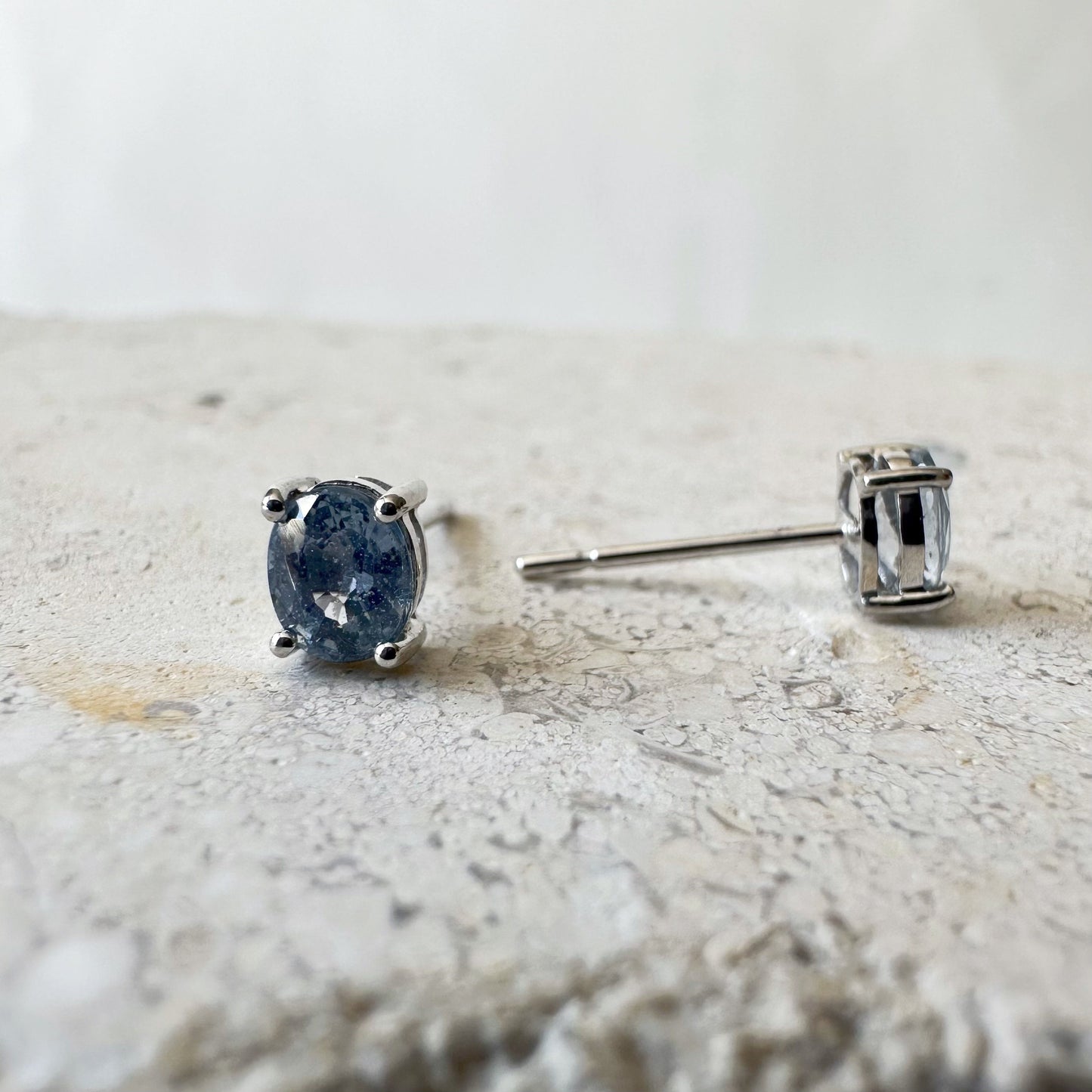 14K Solid Gold Genuine Ceylon Sapphire Oval Studs/Pair