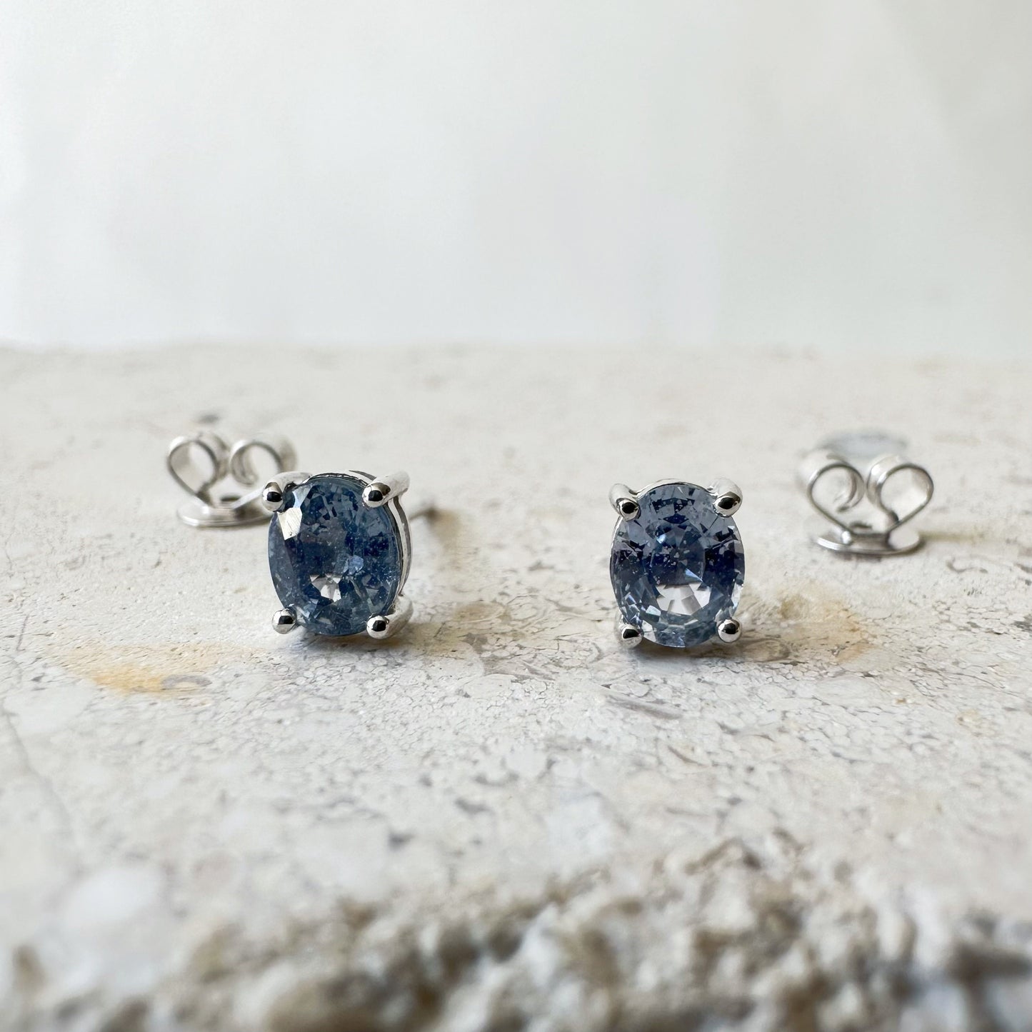 14K Solid Gold Genuine Ceylon Sapphire Oval Studs/Pair