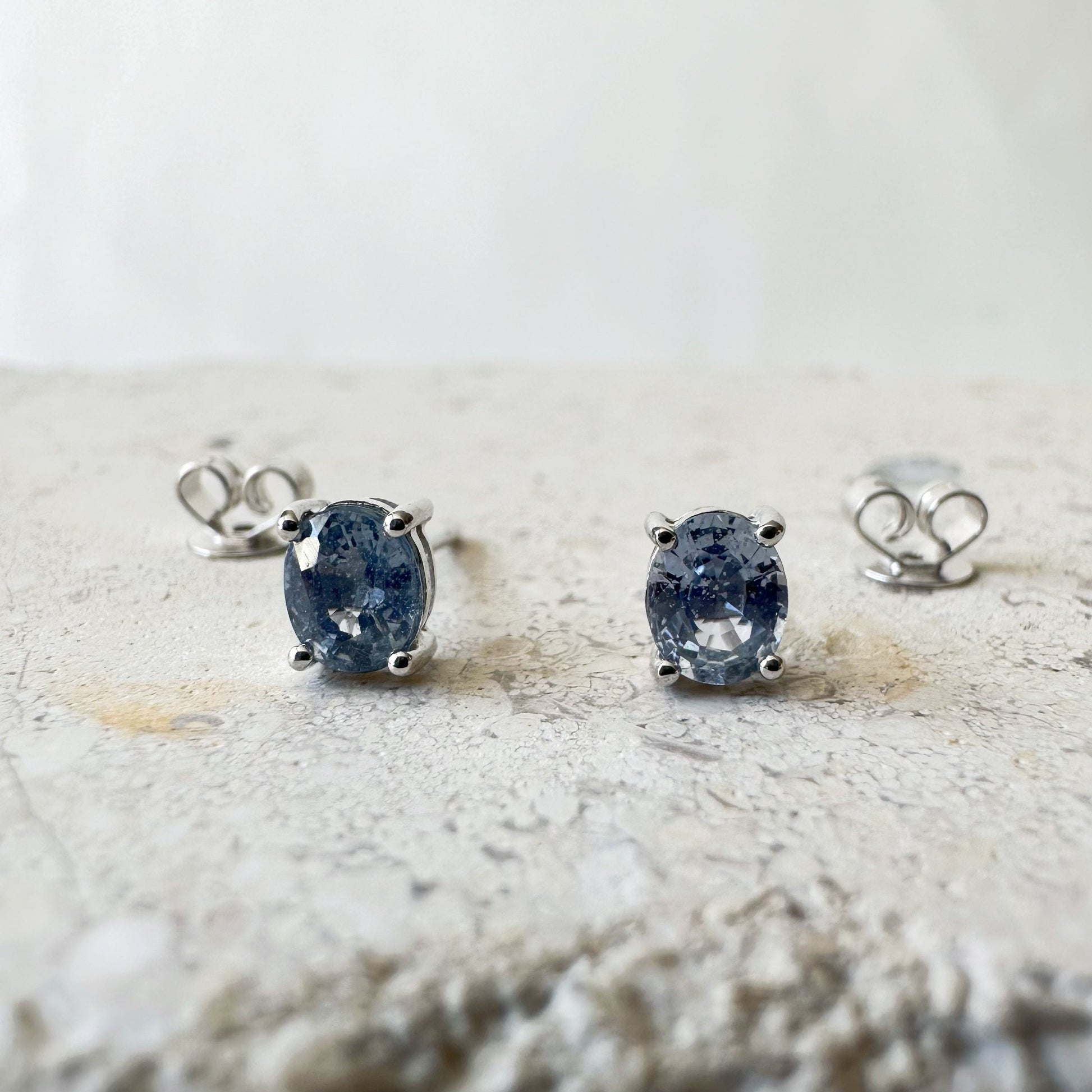 14K Solid Gold Genuine Ceylon Sapphire Oval Studs/Pair