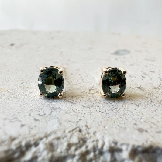 14K Solid White or Yellow Gold / 18K Solid White Gold Genuine Green Sapphire Oval Studs/Pair