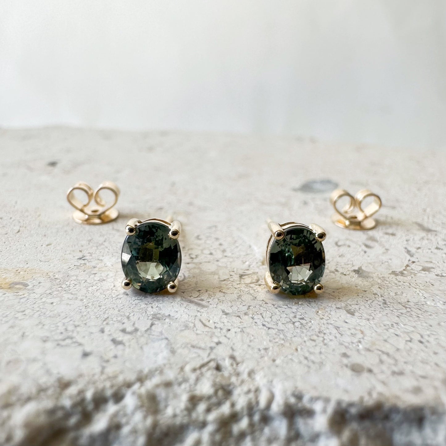 14K Solid White or Yellow Gold / 18K Solid White Gold Genuine Green Sapphire Oval Studs/Pair